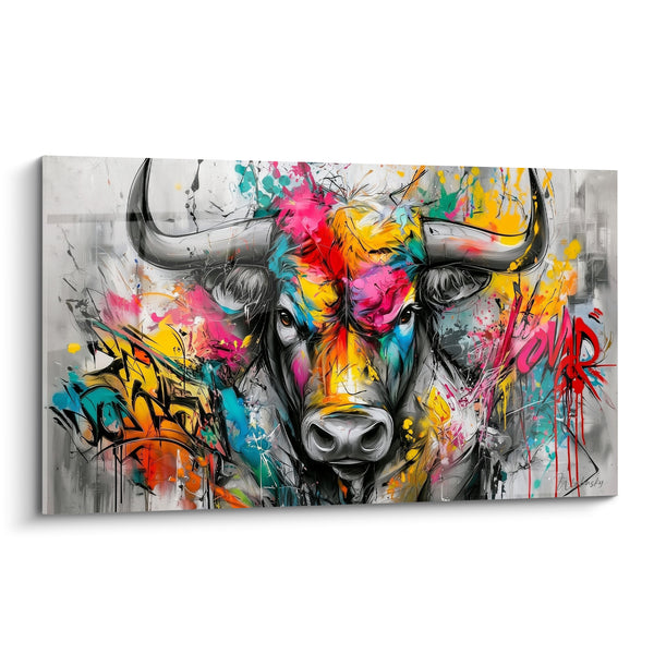 Tableau Taureau gris aux éclaboussures rose et jaune façon graffiti - Lettrage rouge griffonné - Edition Taureau