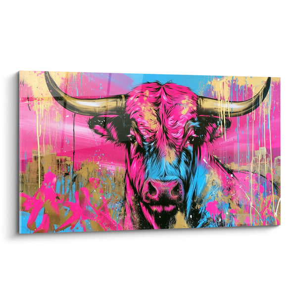 Tableau Taureau graffiti rose et bleu doré - Fureur urbaine - Edition Taureau