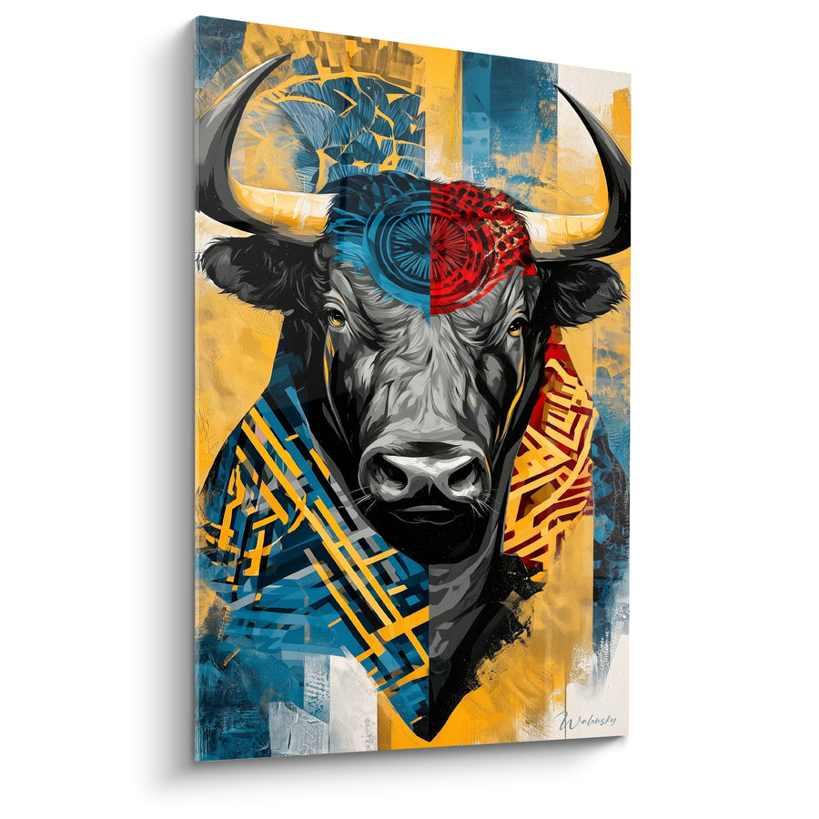 Tableau Taureau graphique aux motifs bleus et ocre - Choc des énergies - Edition Taureau