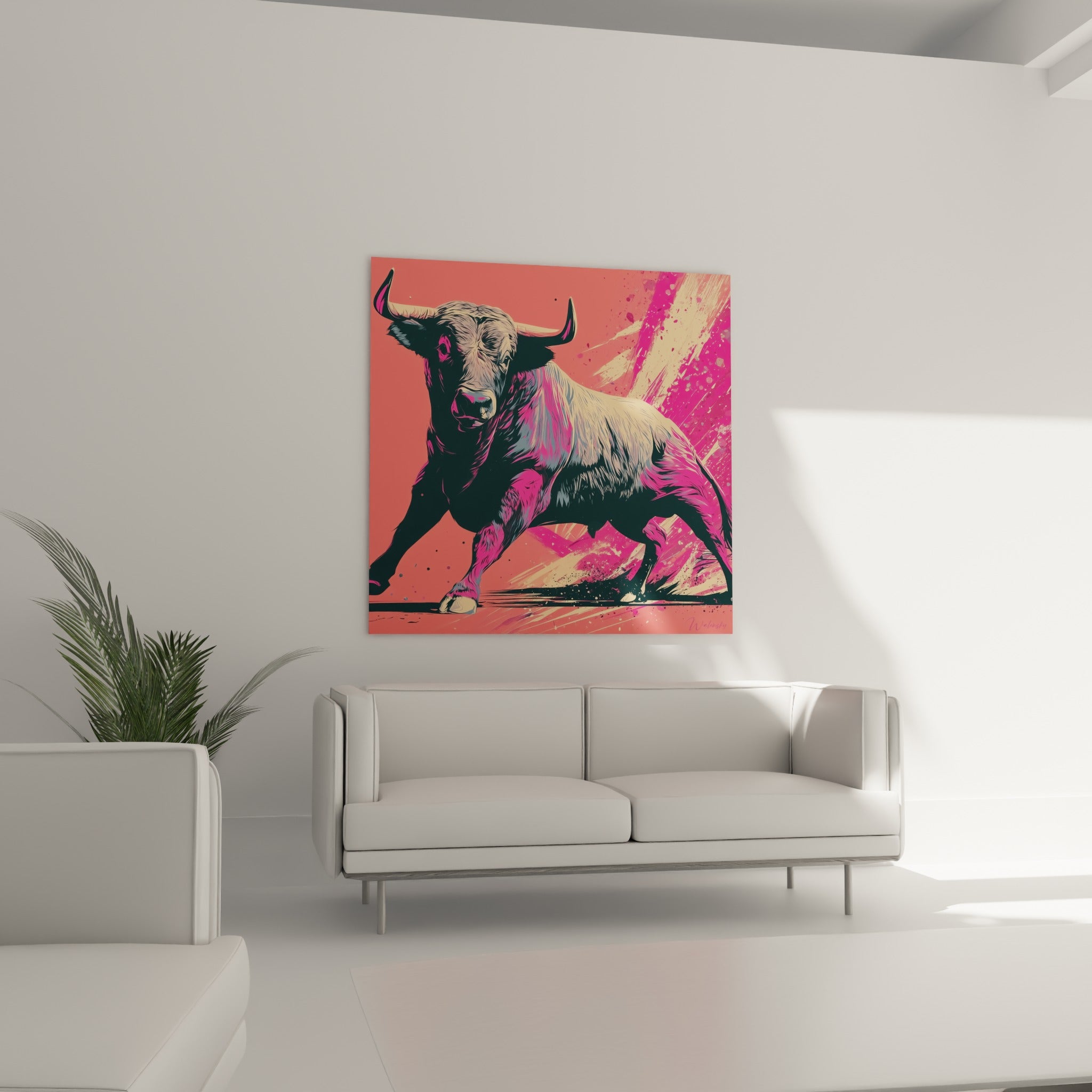 Posture puissante du taureau fuchsia et corail affichée au-dessus d'un canapé dans un salon lumineux