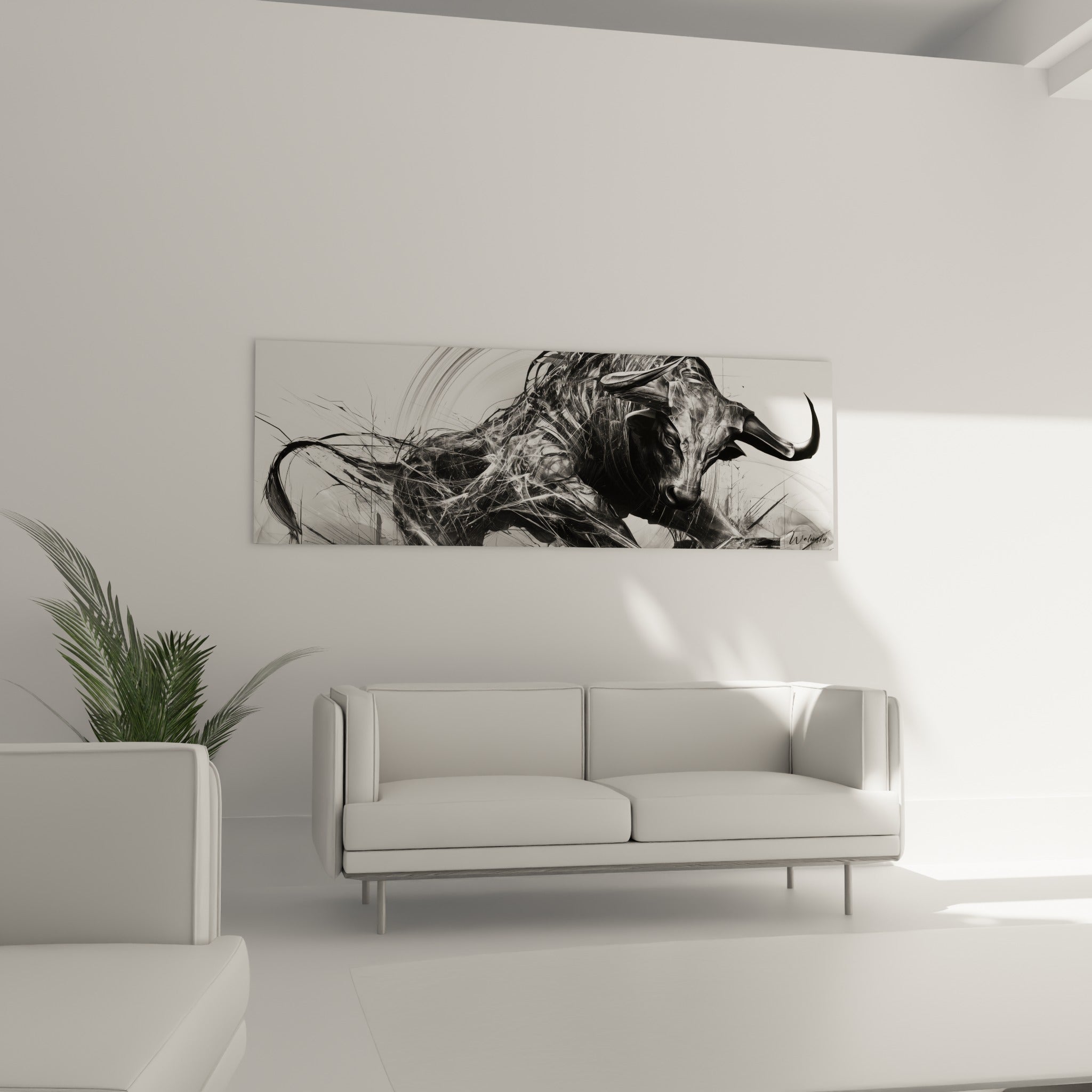 Puissance graphique du taureau noir et blanc au-dessus d'un canapé dans un salon lumineux