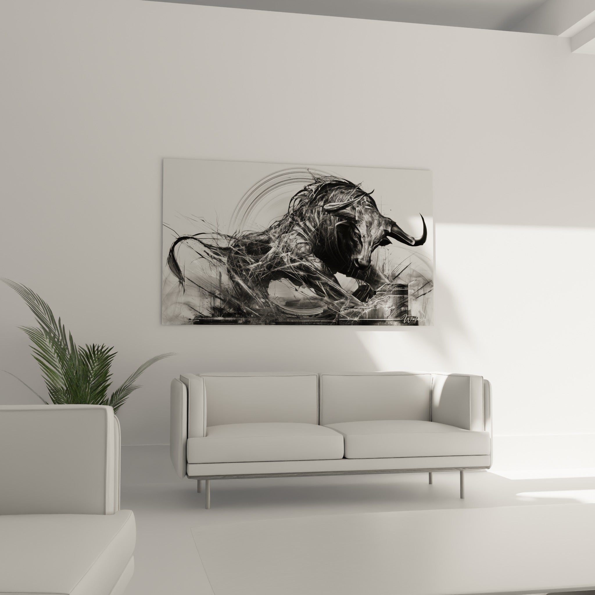 Silhouette fracturée du taureau en noir et blanc suspendue au-dessus d'un canapé dans un salon lumineux