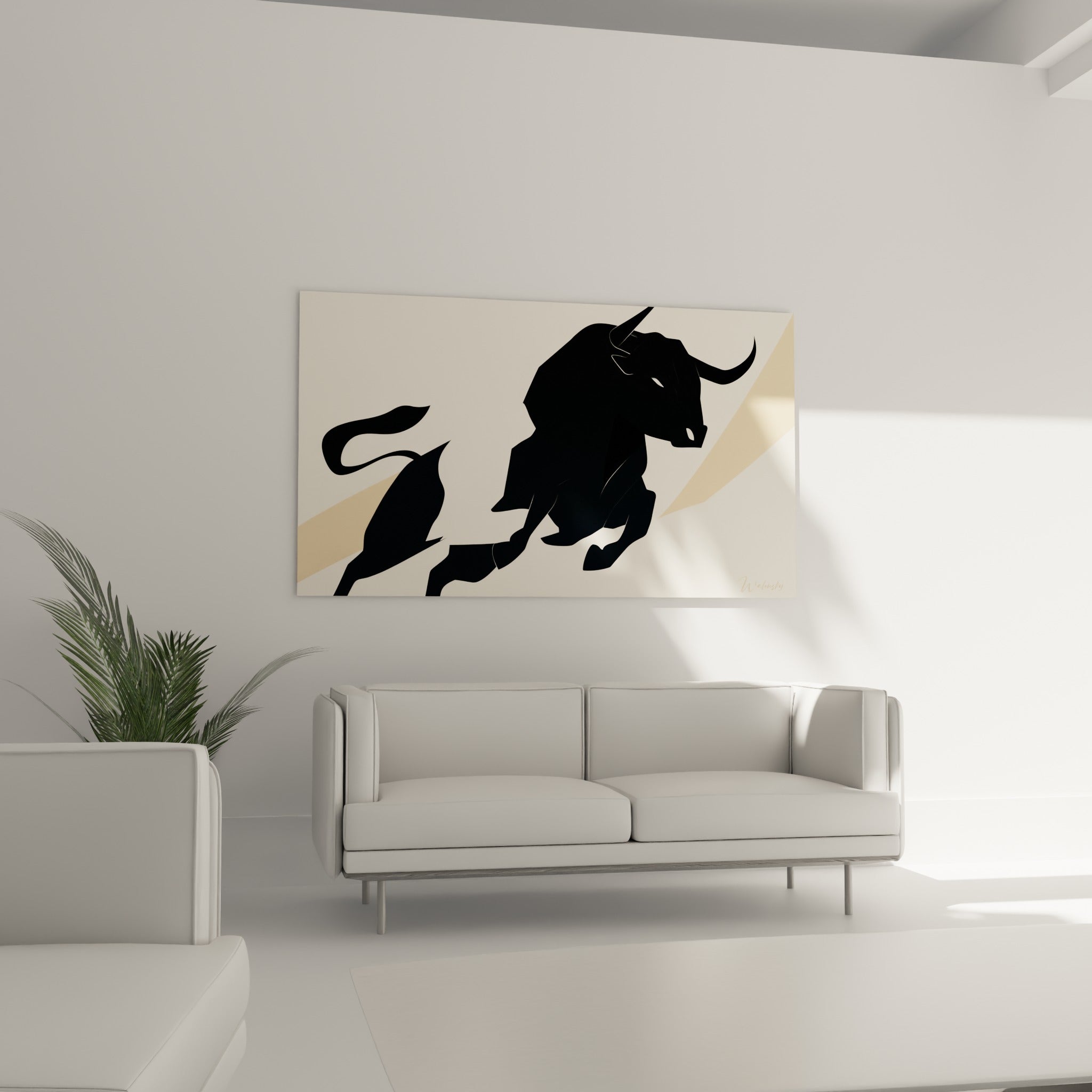 Taureau anthracite en mouvement diagonal beige, au-dessus d'un canapé dans un salon lumineux