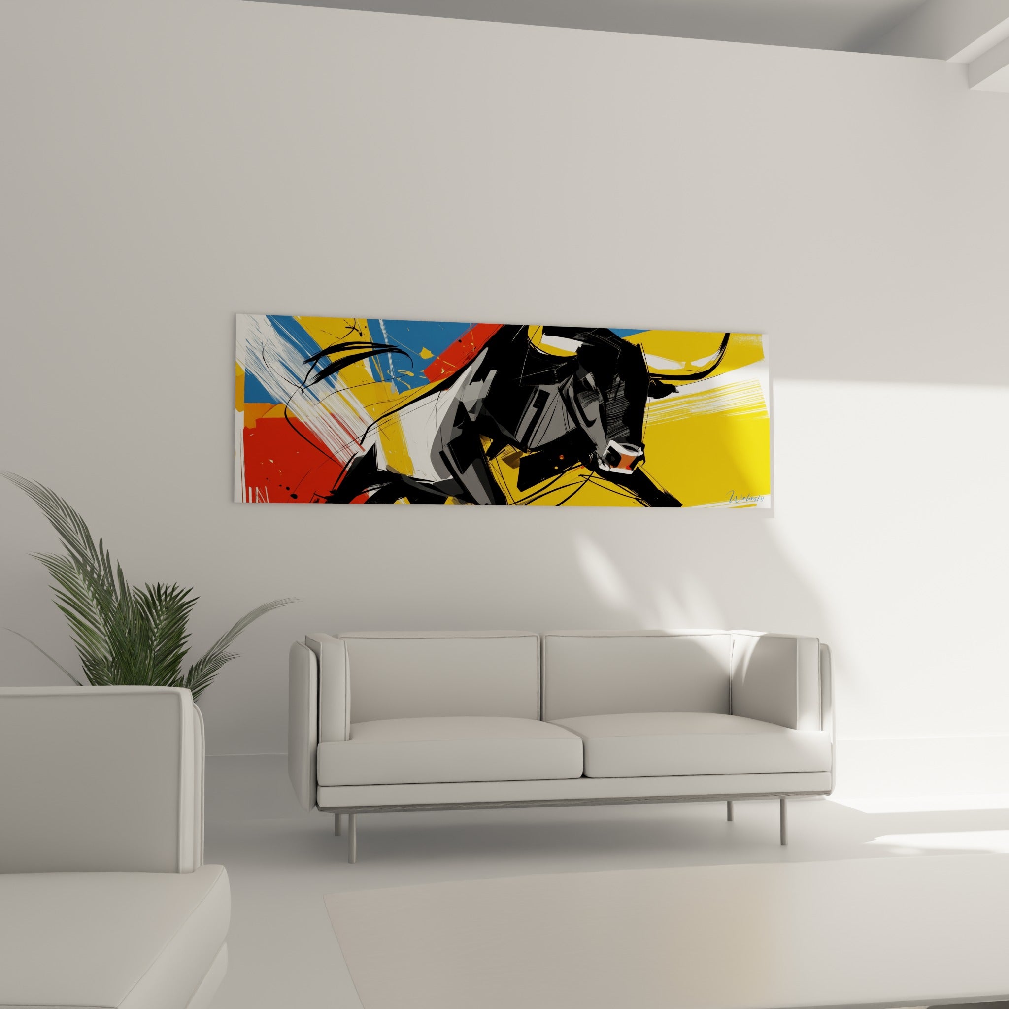 Taureau graphique noir et rouge en mouvement, suspendu au-dessus d'un canapé dans un salon lumineux