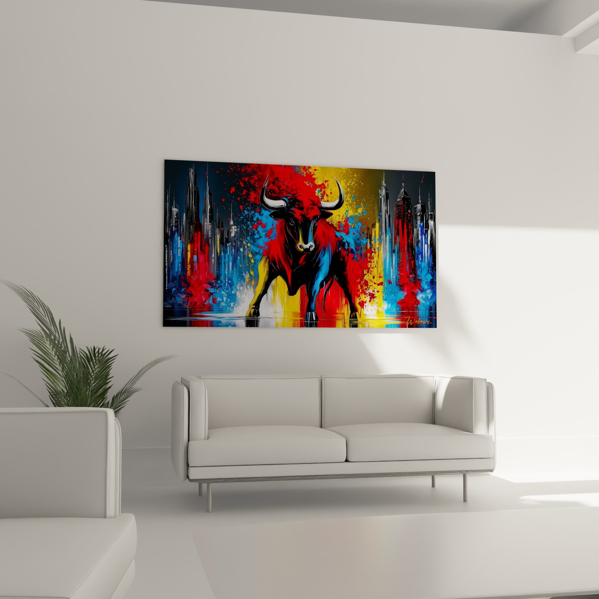 Puissance du taureau bleu et rouge face à des gratte-ciel, au-dessus d'un canapé dans un salon lumineux