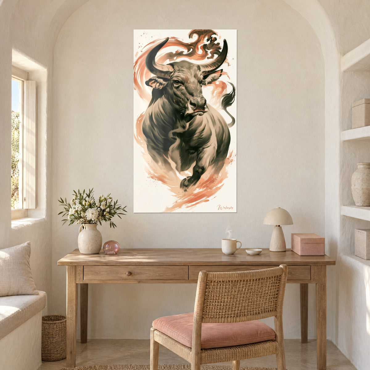 Wall art charge of a bull with curved horns, anthracite grey and coral pink, rough plastered wall above a light wood desk