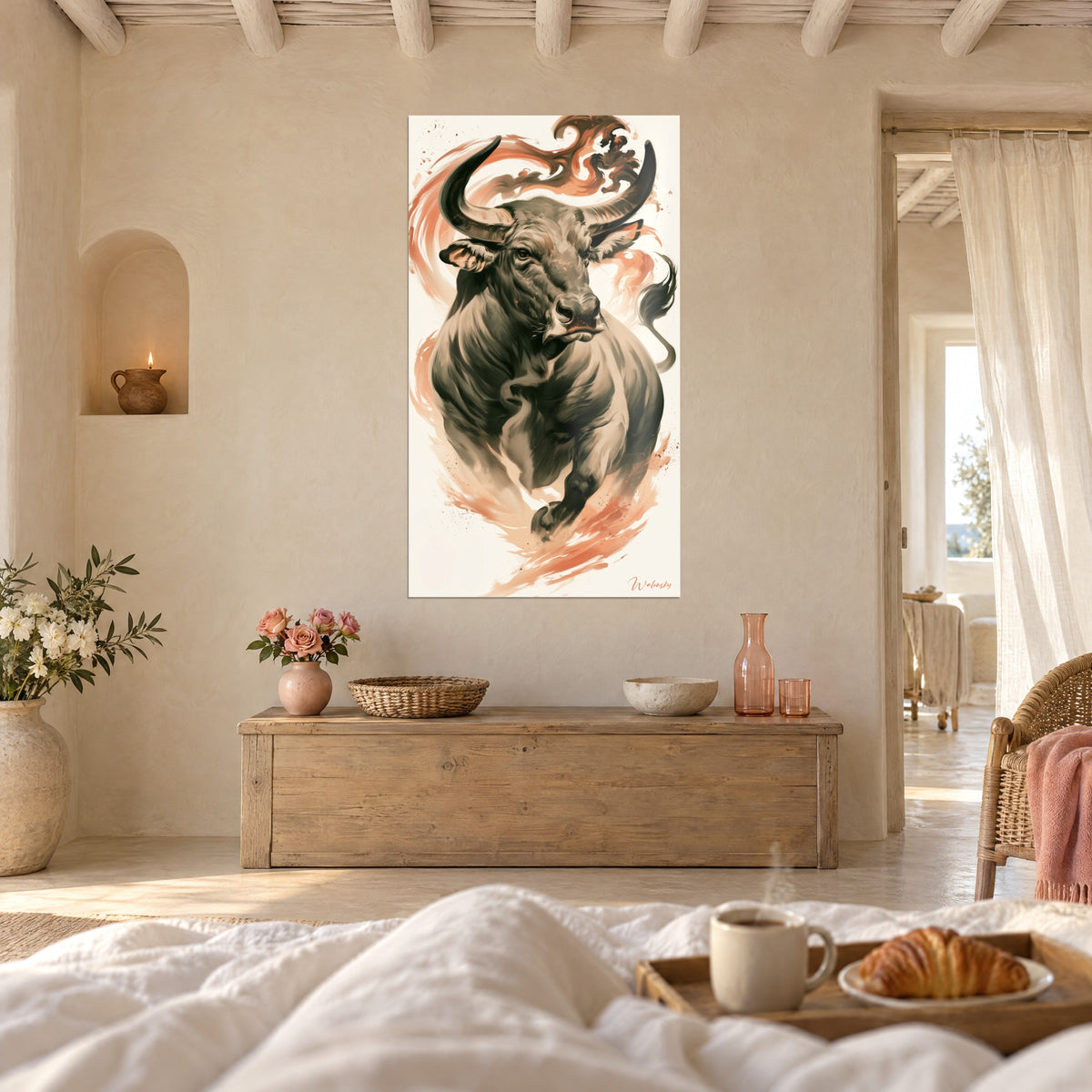 Wall art furious bull with grey coat shaded in cream, orange coral swirls, above a bed in a light bedroom