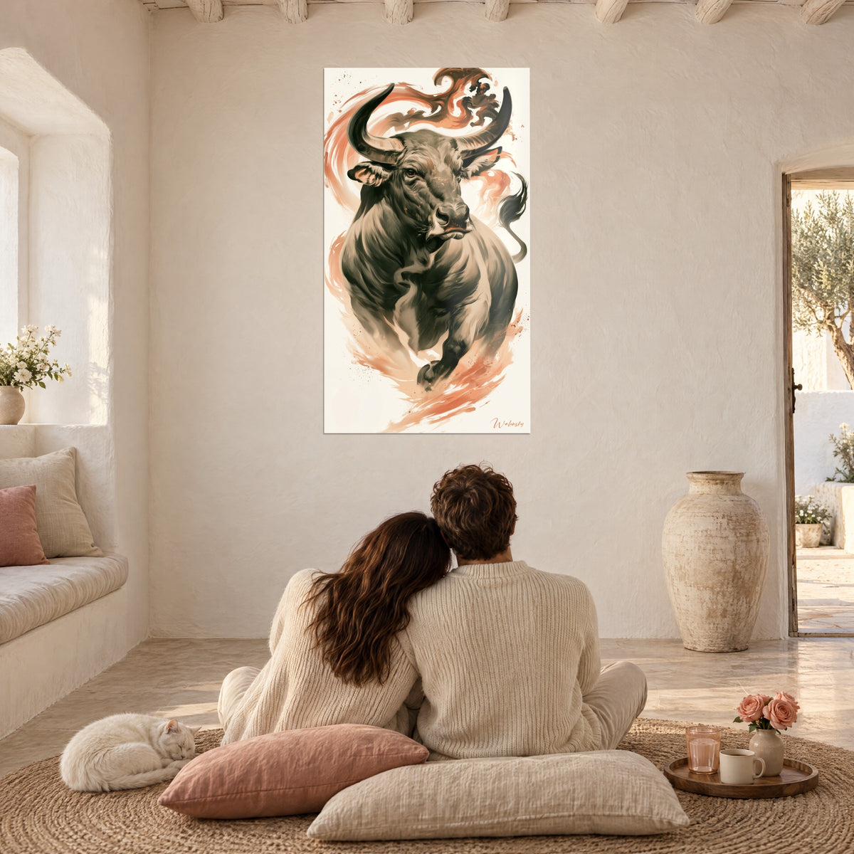 Wall art bull galloping, dark horns and coral splashes on cream background, a couple sitting on cushions with a cat
