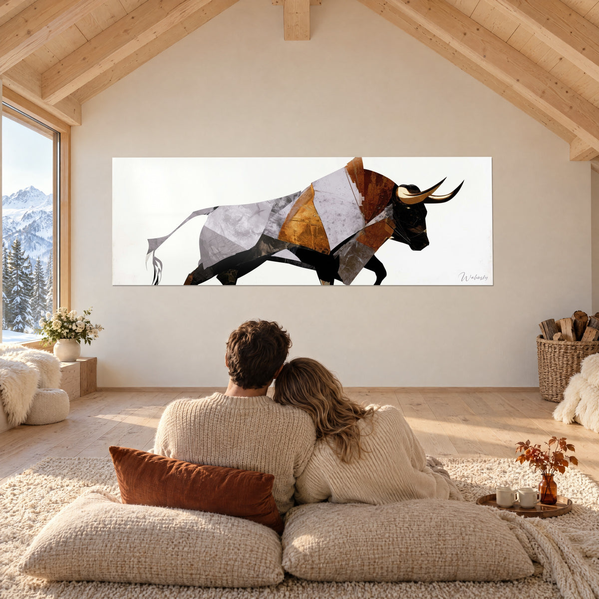 Tableau mâle cornu en mosaïque grise et cuivrée sur fond blanc épuré, couple enlacé de dos sur des coussins, grand salon de chalet