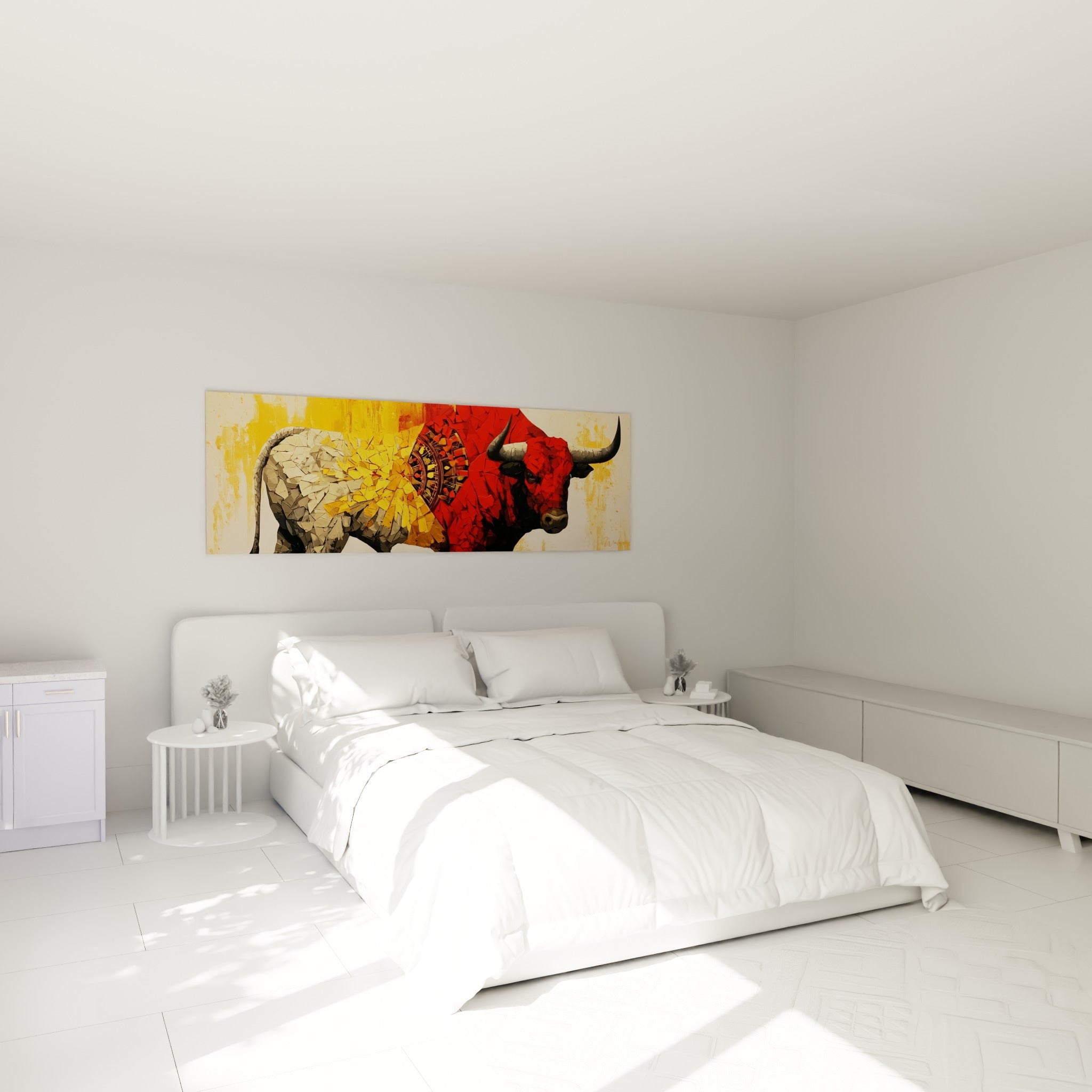 Silhouette de taureau rouge et gris fragmenté au-dessus d'un lit dans une chambre claire