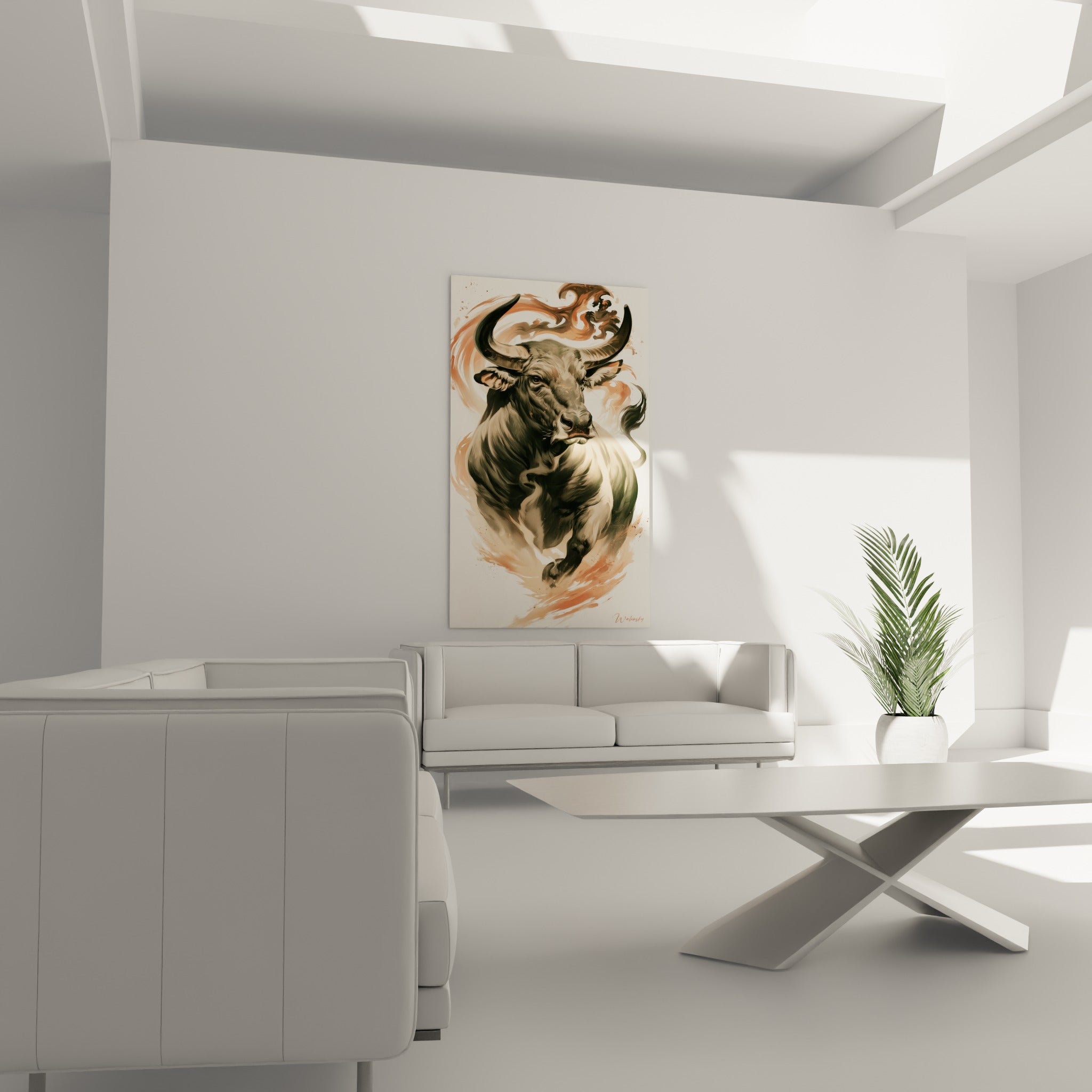 Portrait animalier ocre et gris fumé du taureau au-dessus d'un canapé dans un salon lumineux