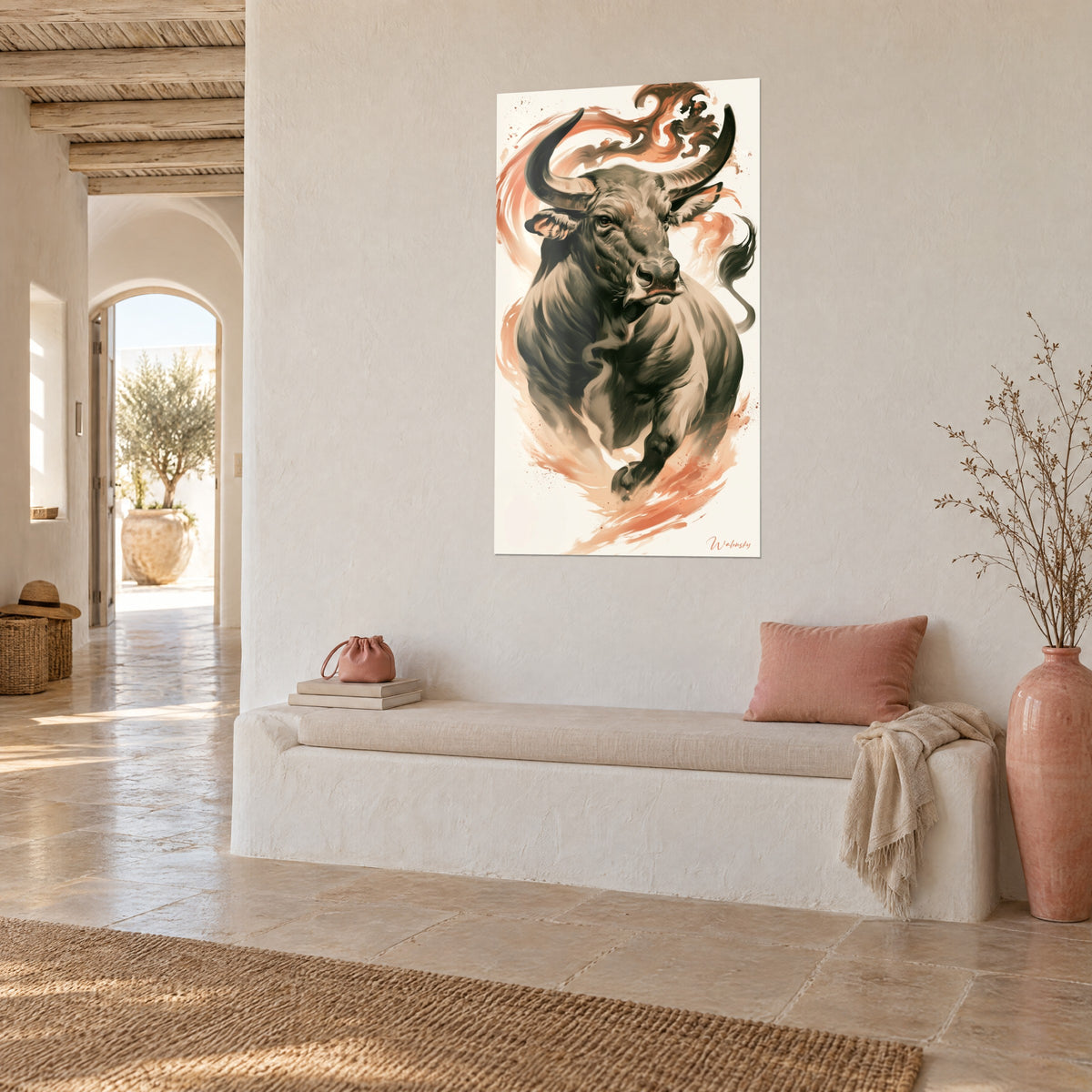 Wall art powerful grey and ivory buffalo, tail raised like a plume, coral smoke, whitewashed wall and Mediterranean bench