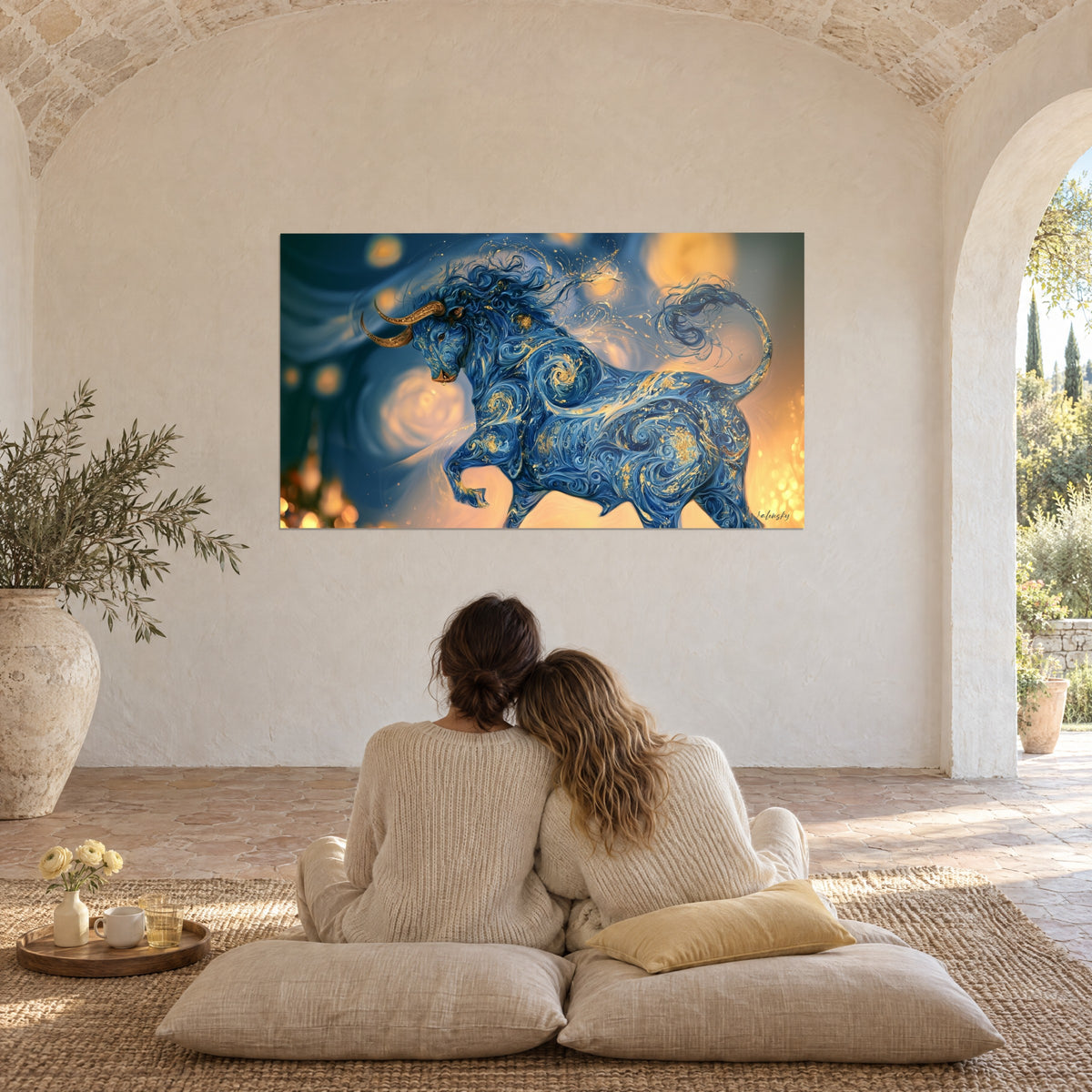 Quadro animale mitico in pittura azzurro e oro, criniera ondeggiante, luce calda, di fronte a una coppia abbracciata su cuscini