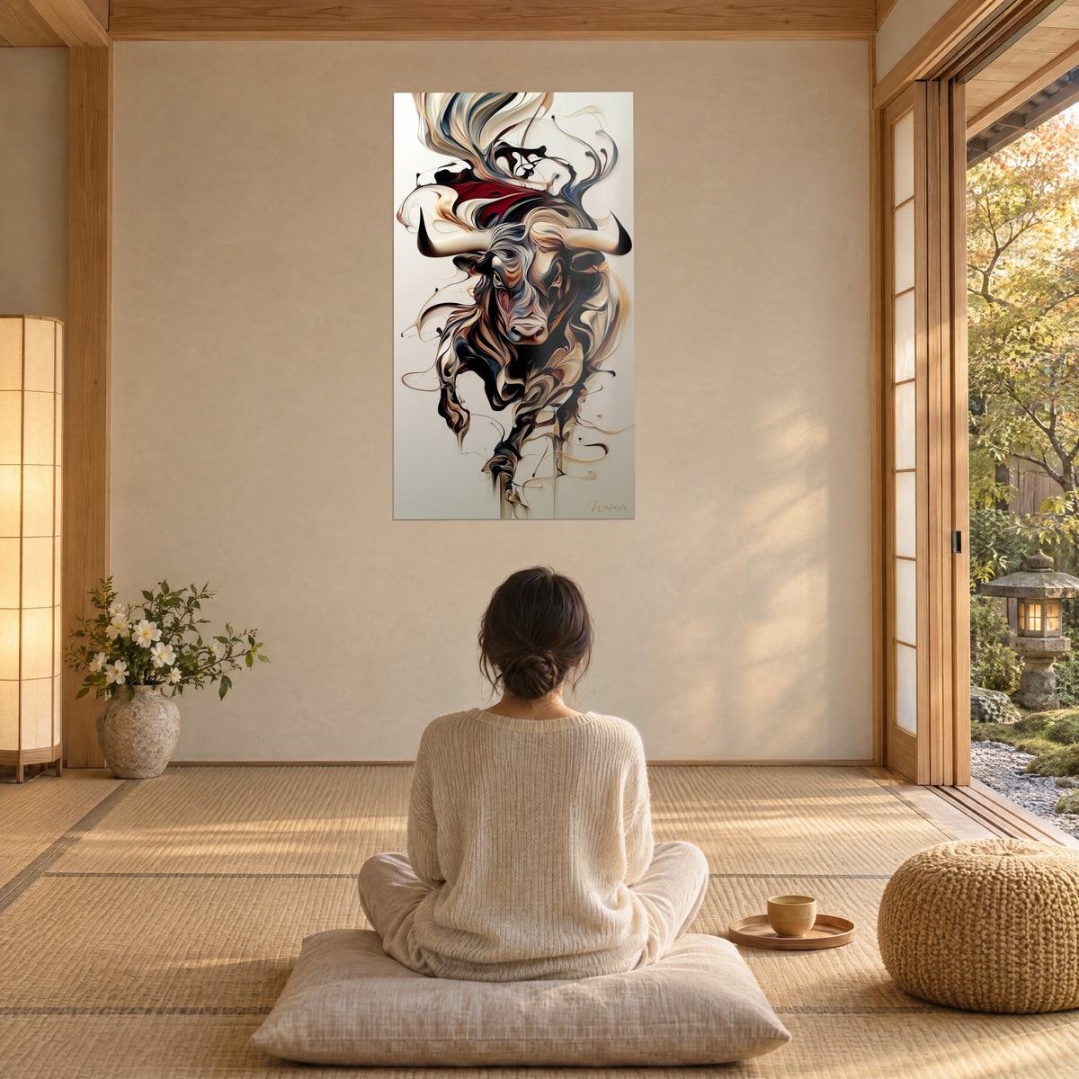 Quadro potente bovino in movimento, corna nere e volute avorio e rosse, di fronte a una persona seduta in meditazione su un cuscino