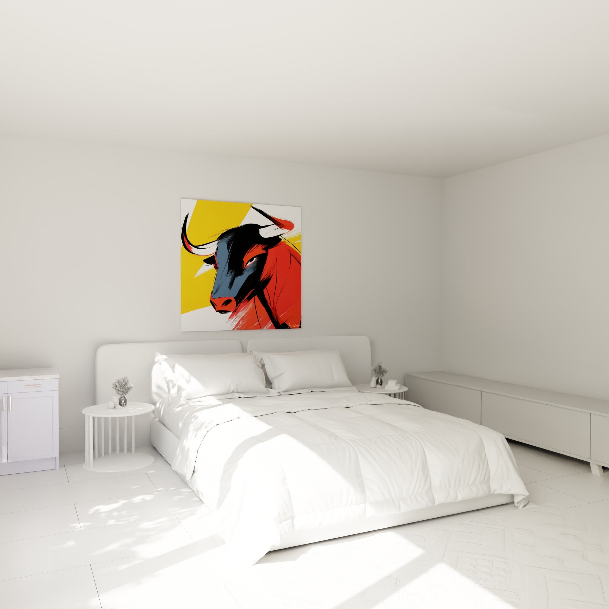 Taureau rouge et jaune au regard perçant, accroché au-dessus d'un lit dans une chambre claire