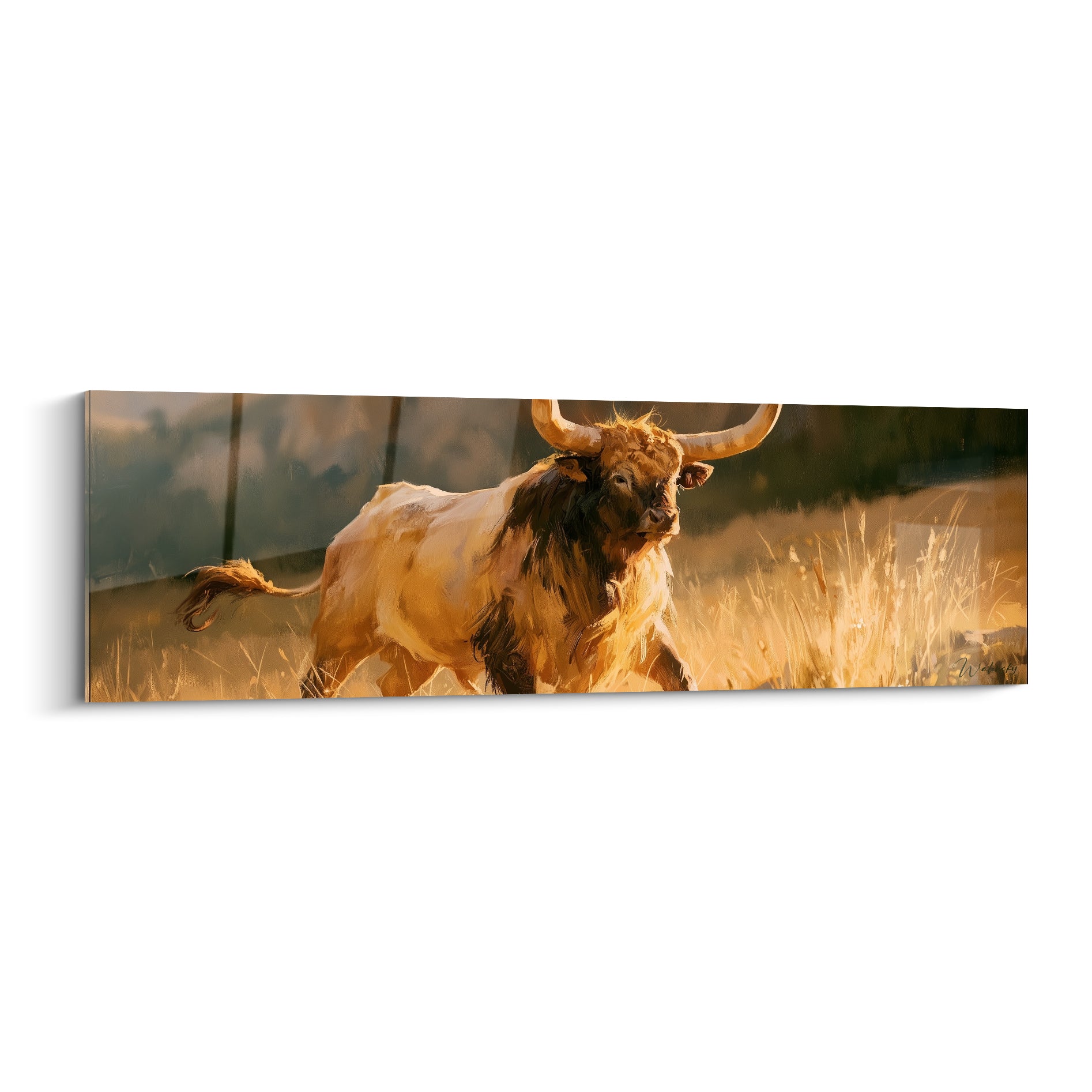 Taureau longhorn beige et brun avançant dans un champ doré, cornes claires imposantes