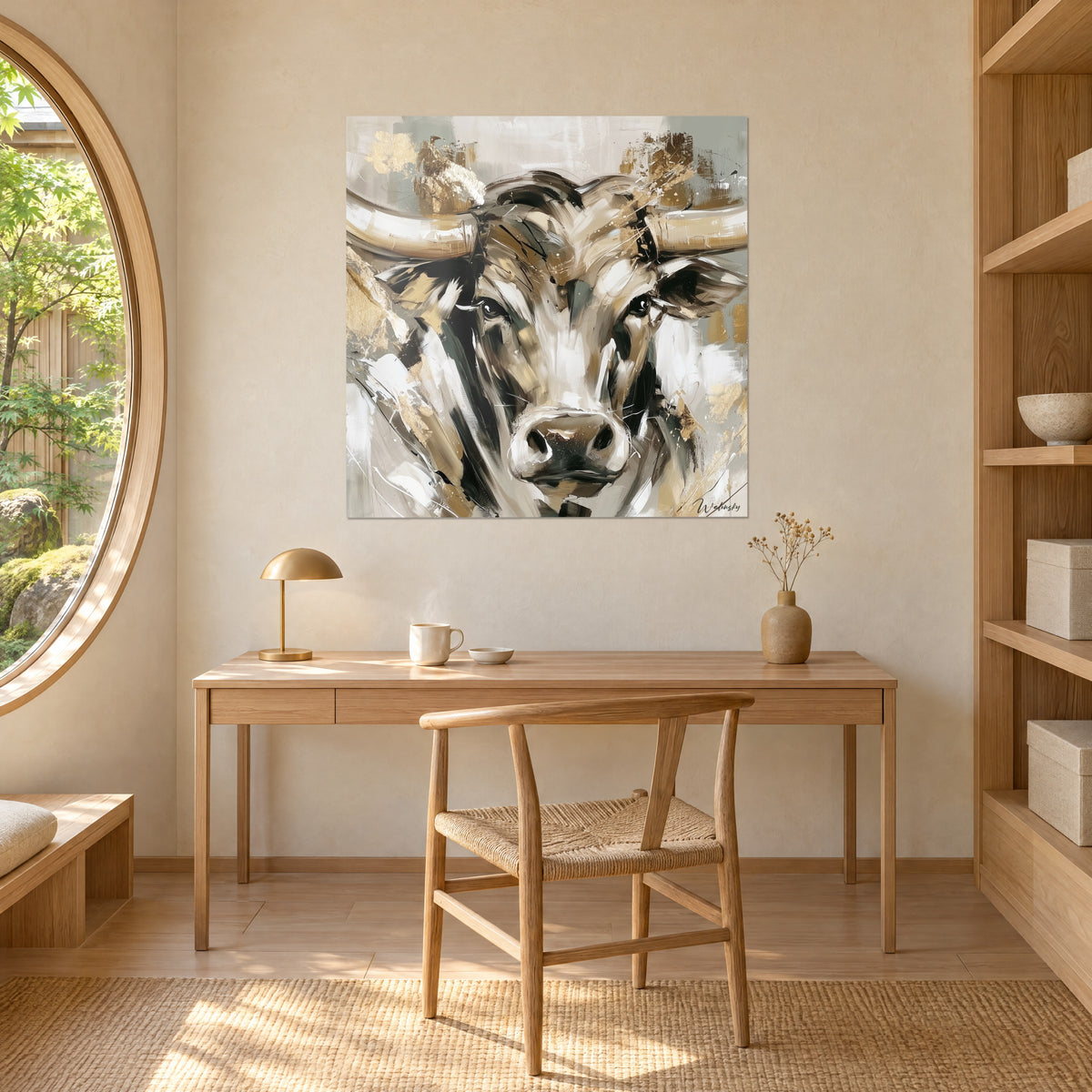 Quadro bestiame dalle corna scolpite color crema e verde-grigio, schizzi dorati, appeso di fronte a una scrivania in legno e a una finestra rotonda