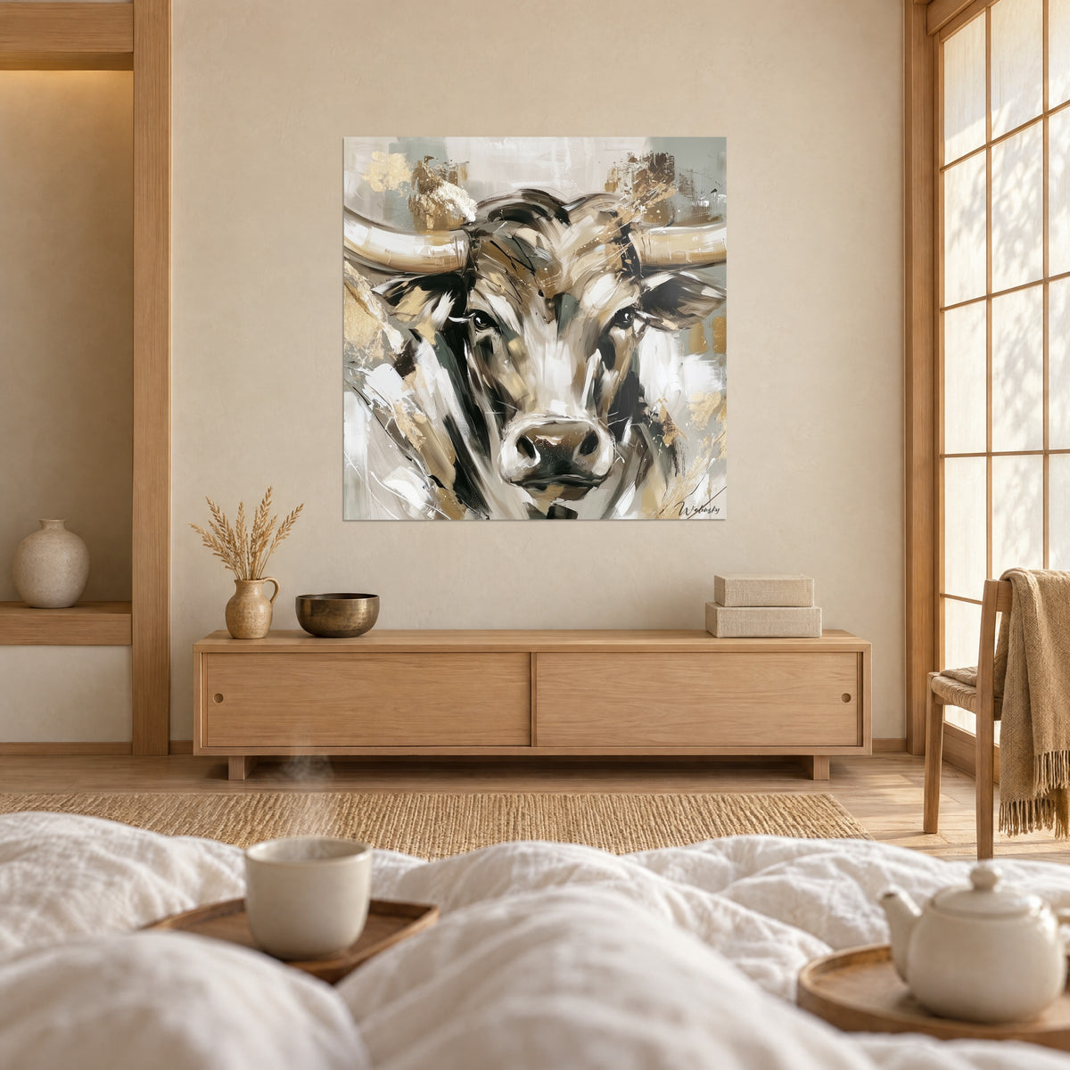 Quadro toro dalle lunghe corna beige e riflessi dorati, di fronte alla coppia vista di spalle, sopra un letto in una camera luminosa