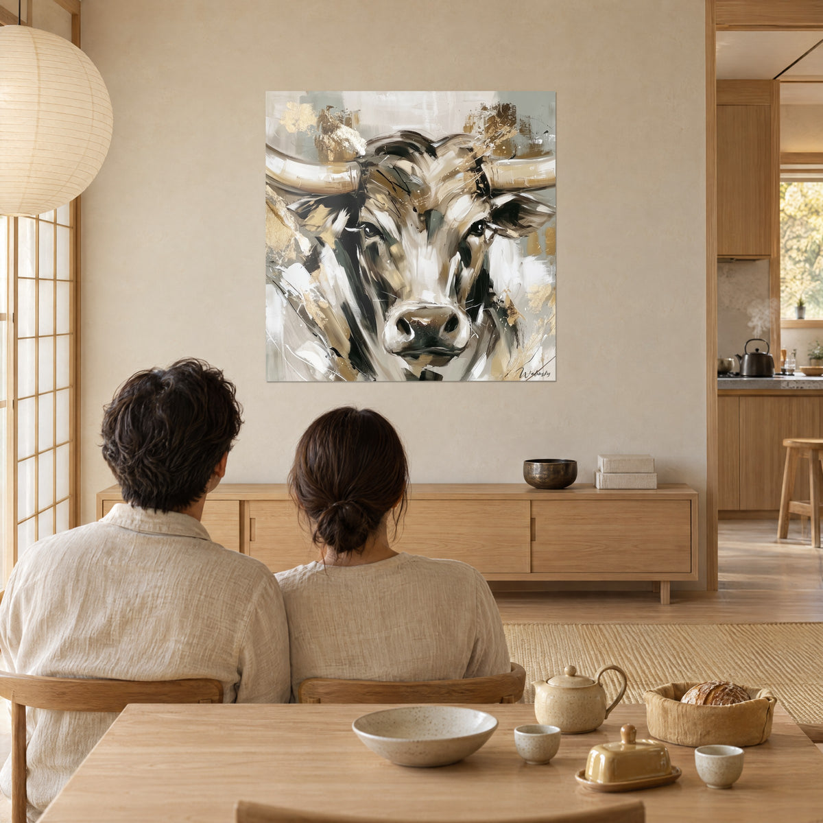 Quadro testa di Longhorn in pennellate a spatola bianche e dorate, sguardo scuro, ammirata da una coppia al tavolo vicino al giardino