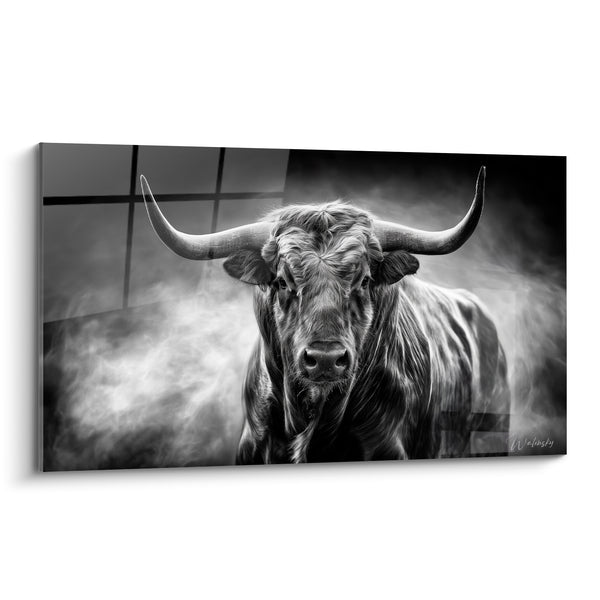 Tableau Longhorn noir aux cornes immenses - Face-à-face silencieux - Edition Taureau