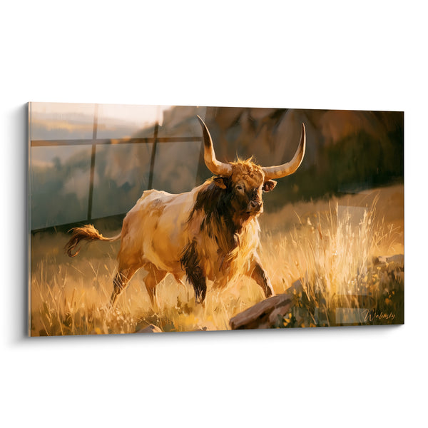 Tableau Taureau longicorne fauve et ocre dans les hautes herbes - Charge dorée - Edition Taureau