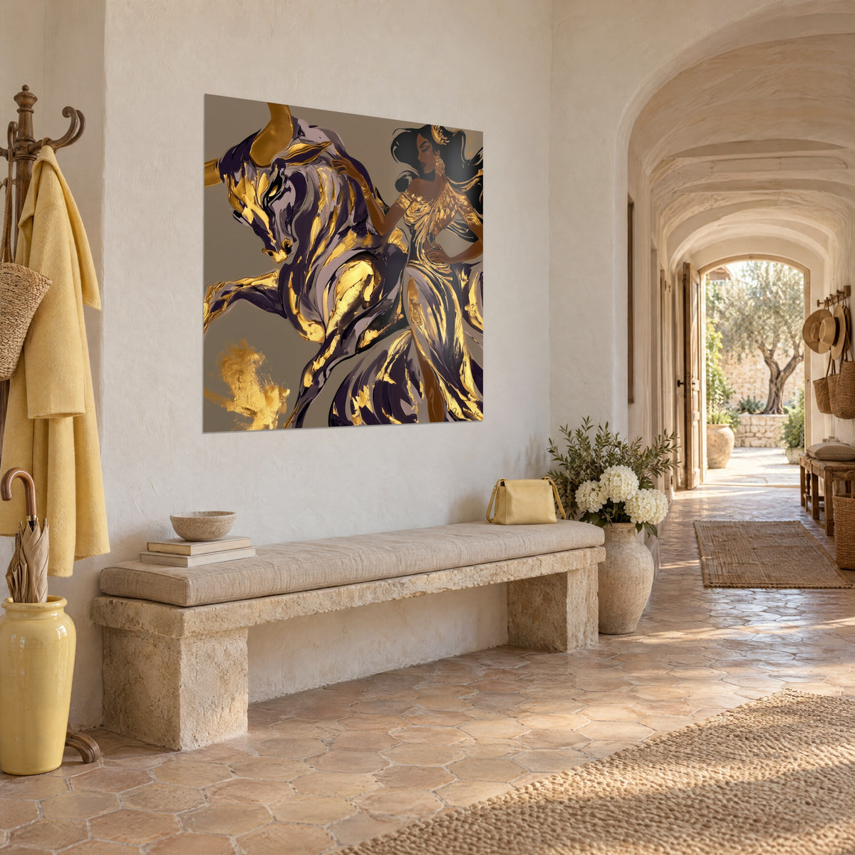Quadro di un regale duo formato da un bovino malva venato d'oro e una ballerina bruna su fondo tortora, appeso in un corridoio a volta di pietra chiara
