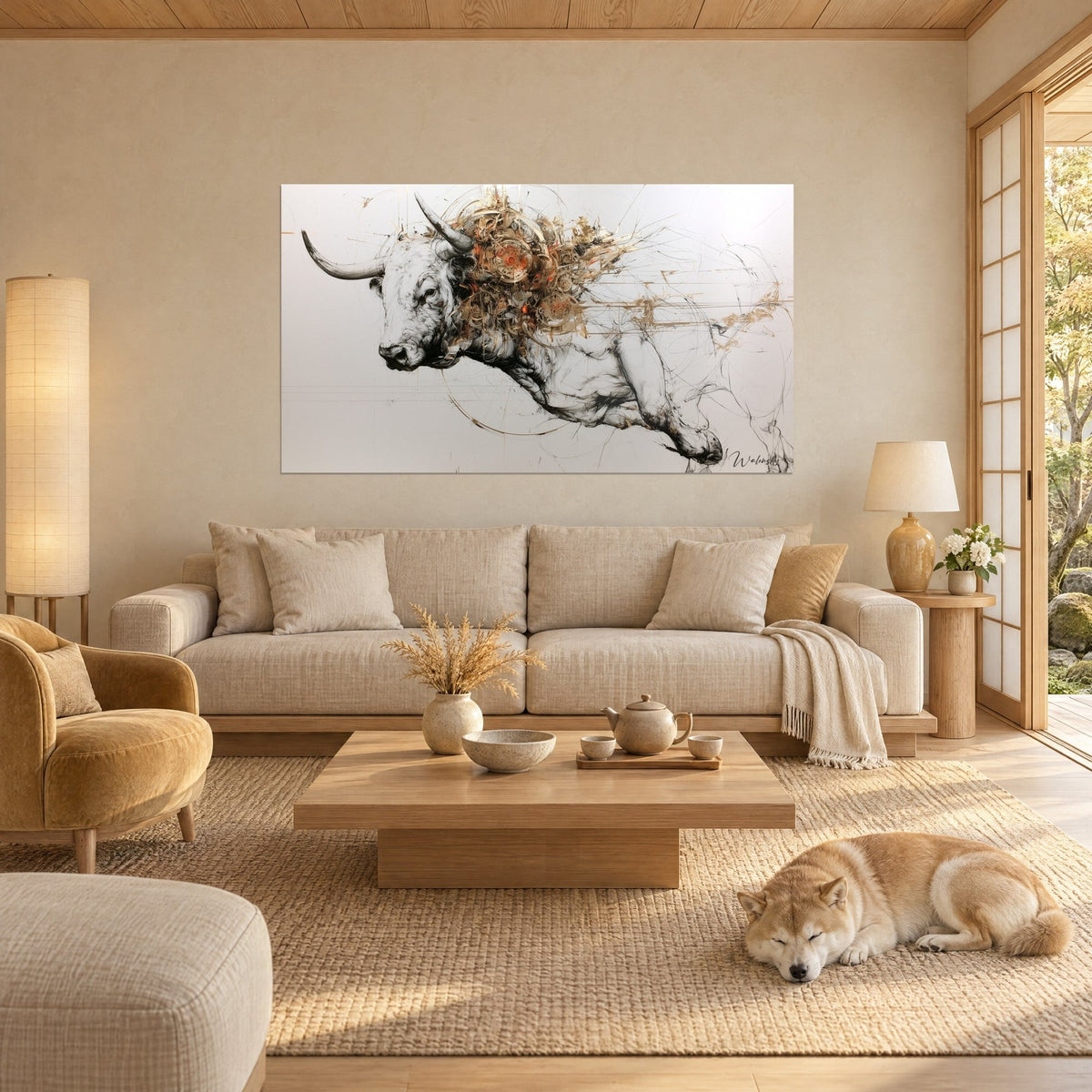 Quadro toro bianco con ingranaggi dorati e scintille arancioni, disegno a inchiostro nero, Shiba addormentato, sopra un divano in un soggiorno luminoso