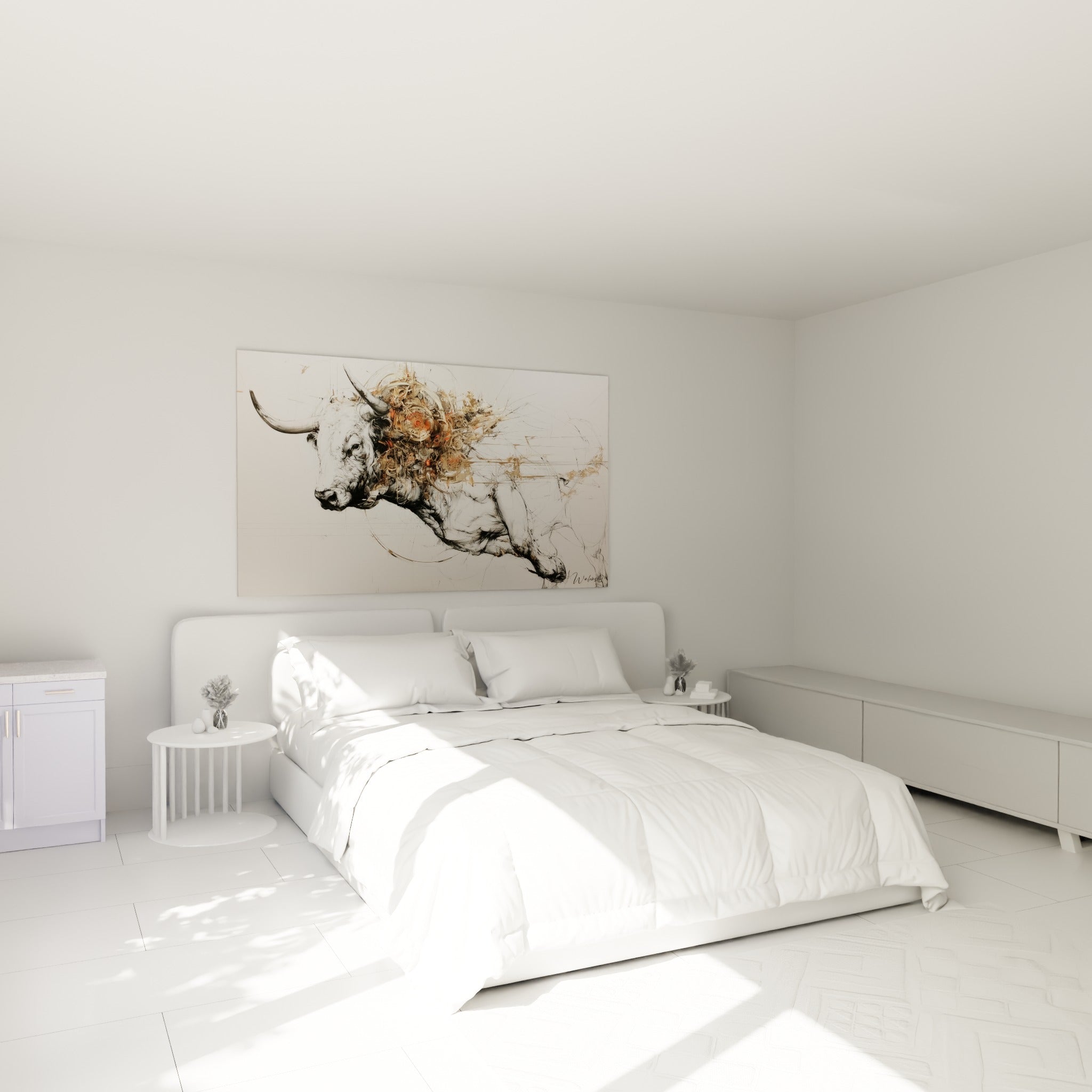 Taureau graphique aux teintes anthracite et dorées, accroché au-dessus d'un lit dans une chambre claire.