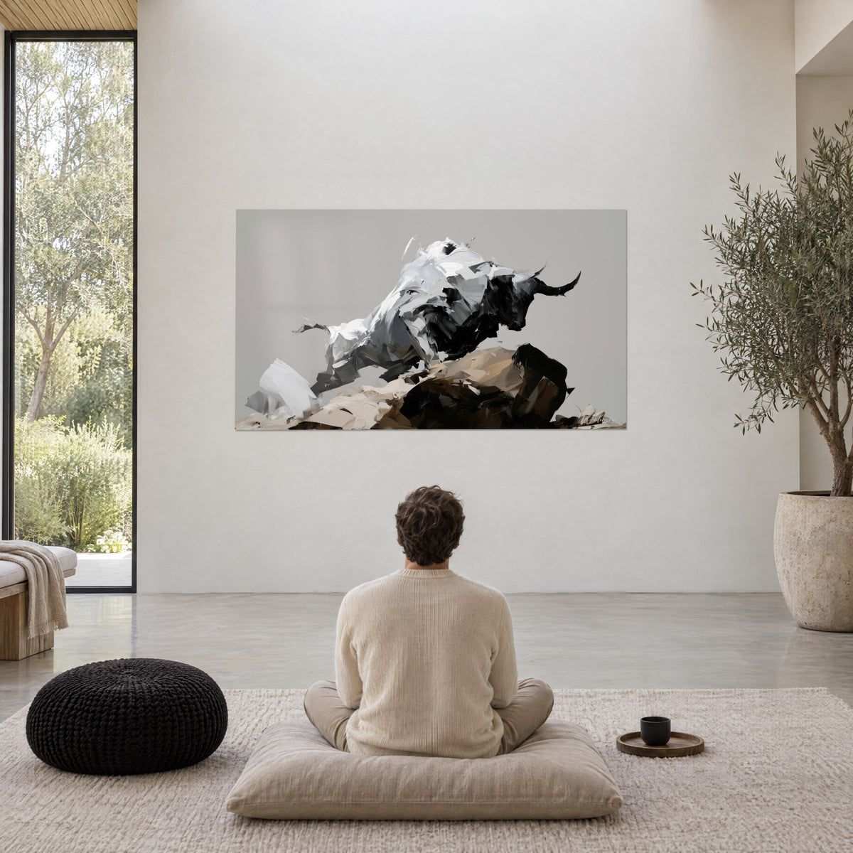 Wall art of a horned wild animal in palette-knife technique, mother-of-pearl white and deep black, leaping over a taupe-brown rock, soft grey background, white wall of a minimalist living room