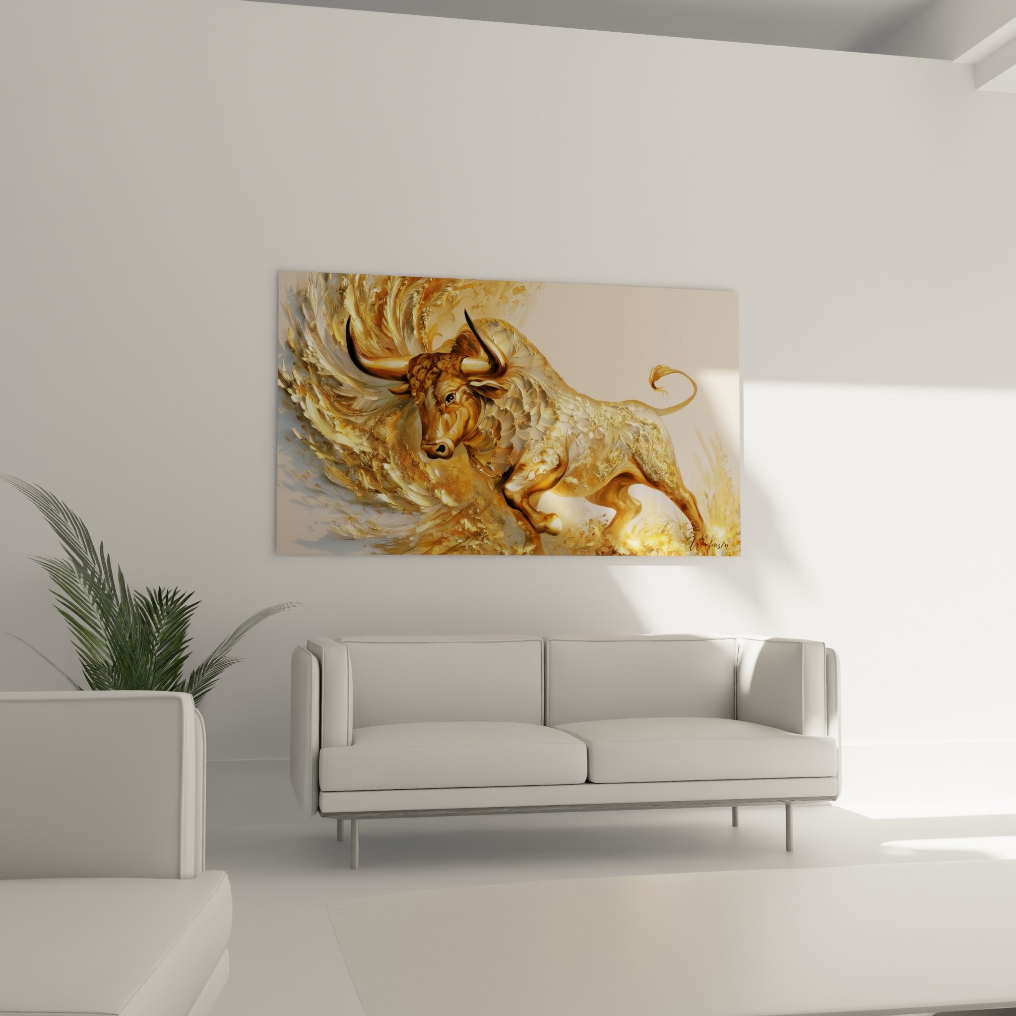 Bête ambrée aux ailes texturées, reflets or et brun cuivré, au-dessus d'un canapé dans un salon lumineux.