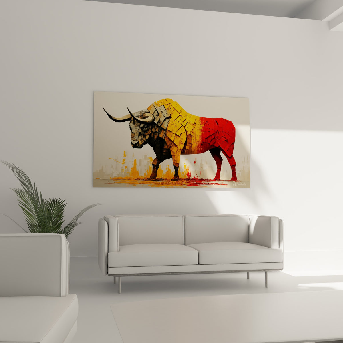 Profil animal texturé rouge et jaune moutarde au-dessus d'un canapé dans un salon lumineux