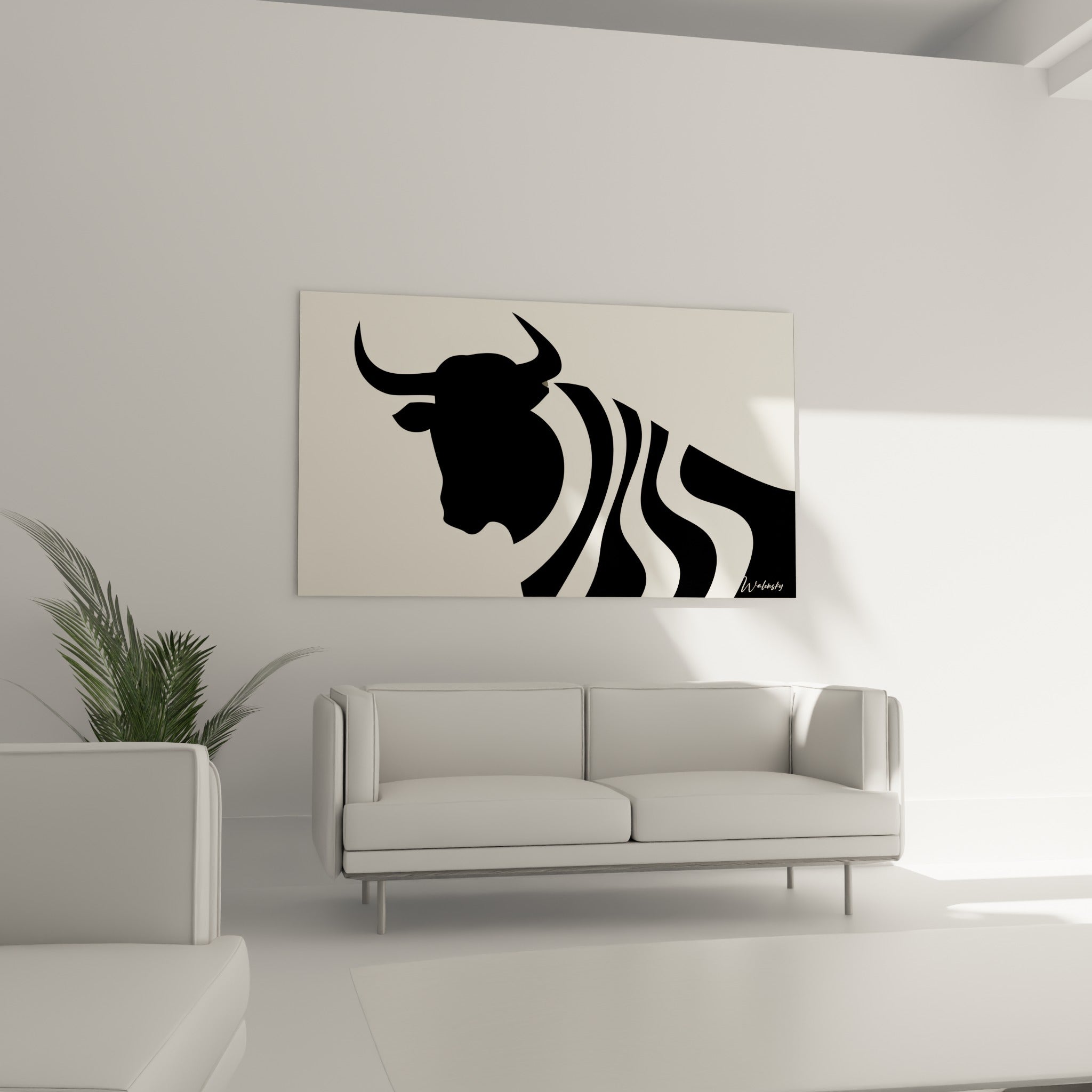 Motif du taureau graphique en noir profond, disposé au-dessus d'un canapé dans un salon lumineux.