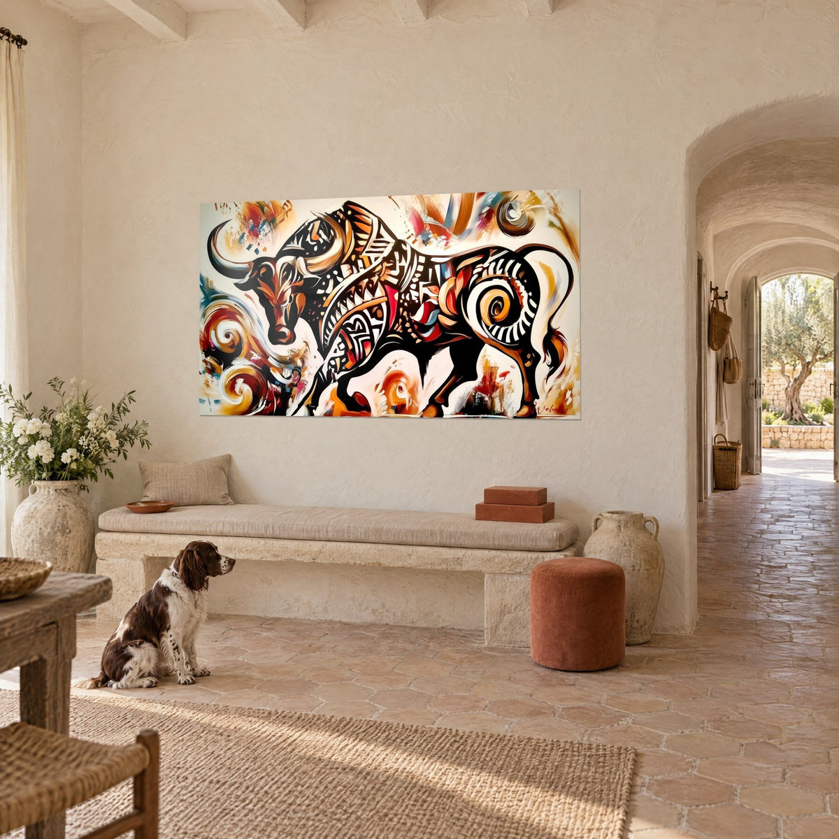 Quadro di un toro selvatico cornuto con arabeschi ocra e bianchi su fondo avorio, di fronte a una panca in pietra e a uno spaniel, masseria provenzale