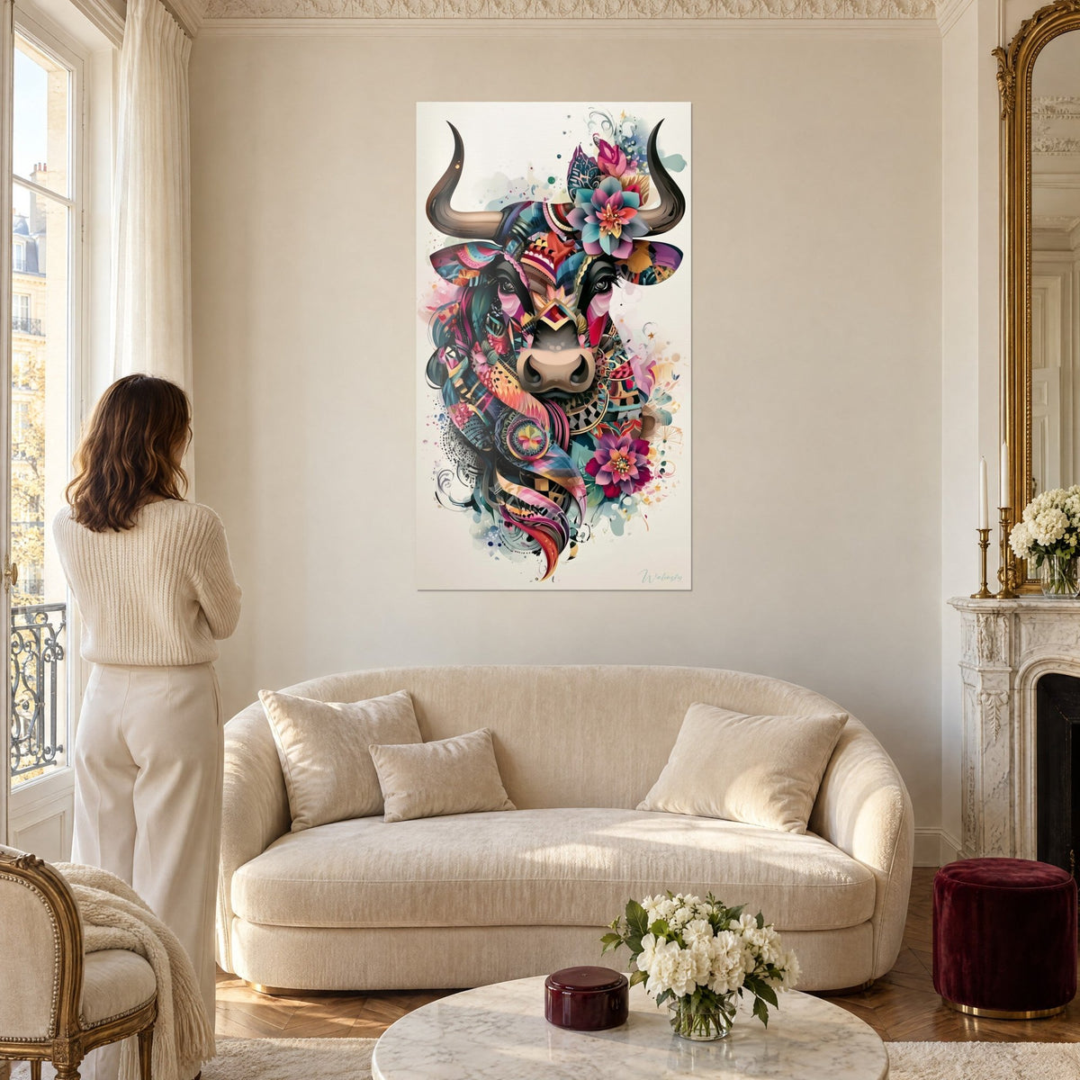 Cuadro de un toro estilizado con cuernos marrones coronados por dalias rosas y turquesas, motivos geométricos, sobre un sofá en un salón luminoso