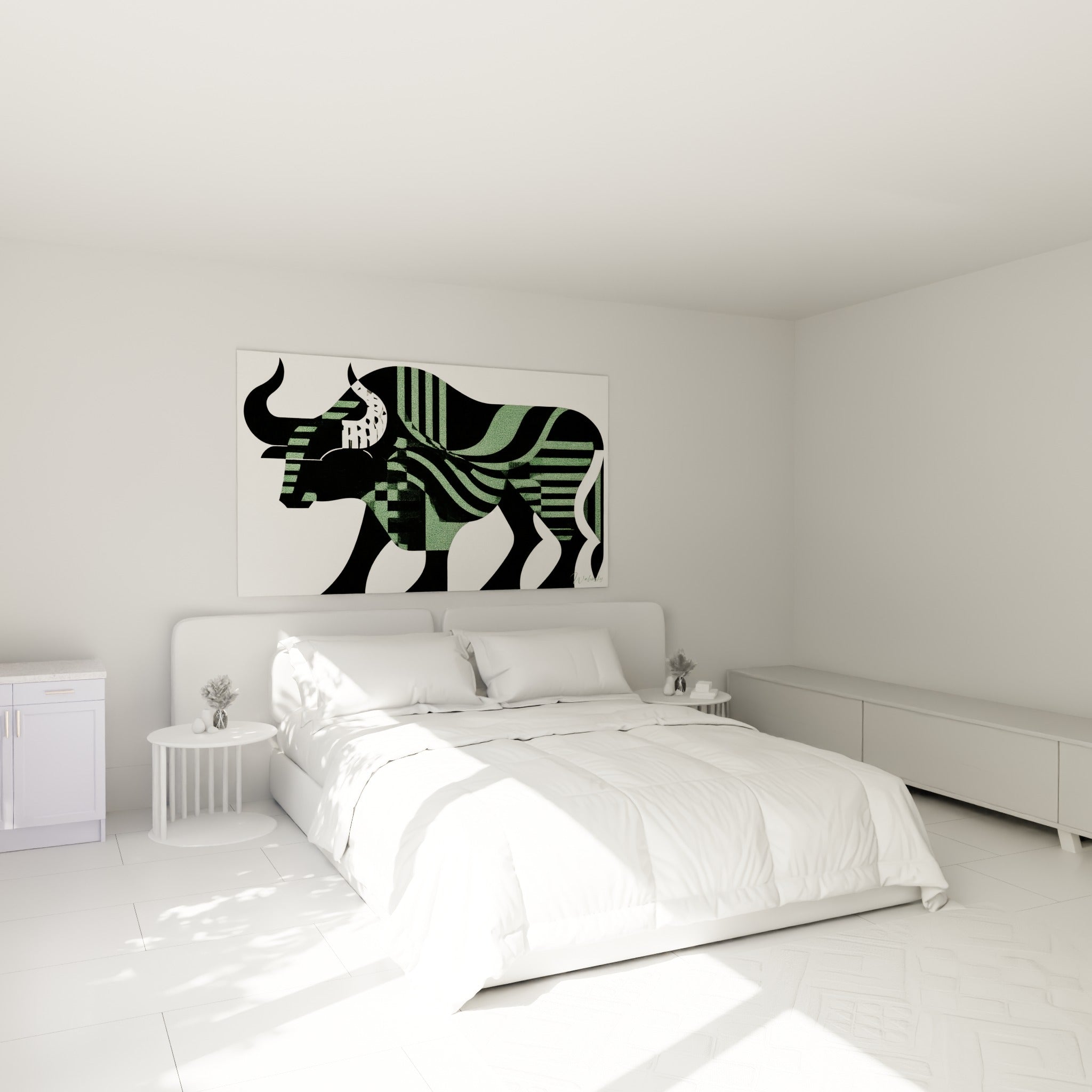 Silhouette de taureau noir et vert sauge aux formes géométriques, au-dessus d'un lit dans une chambre claire