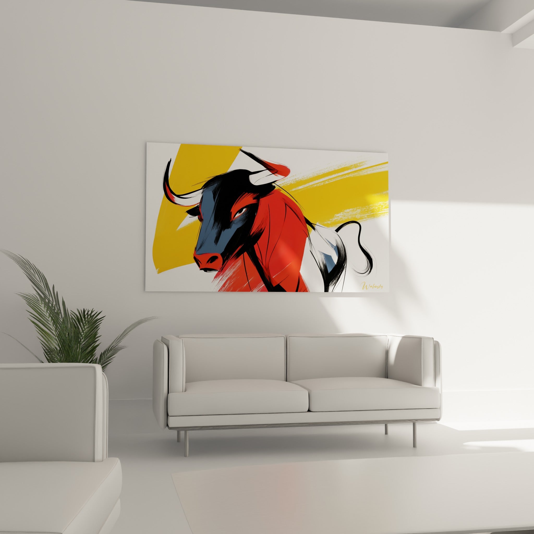 Silhouette rouge et jaune du taureau graphique placée au-dessus d'un canapé dans un salon lumineux.