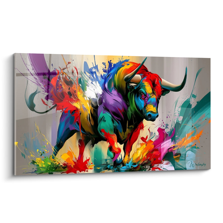 Tableau Taureau multicolore aux cornes blanches éclatantes - Charge explosive - Edition Taureau