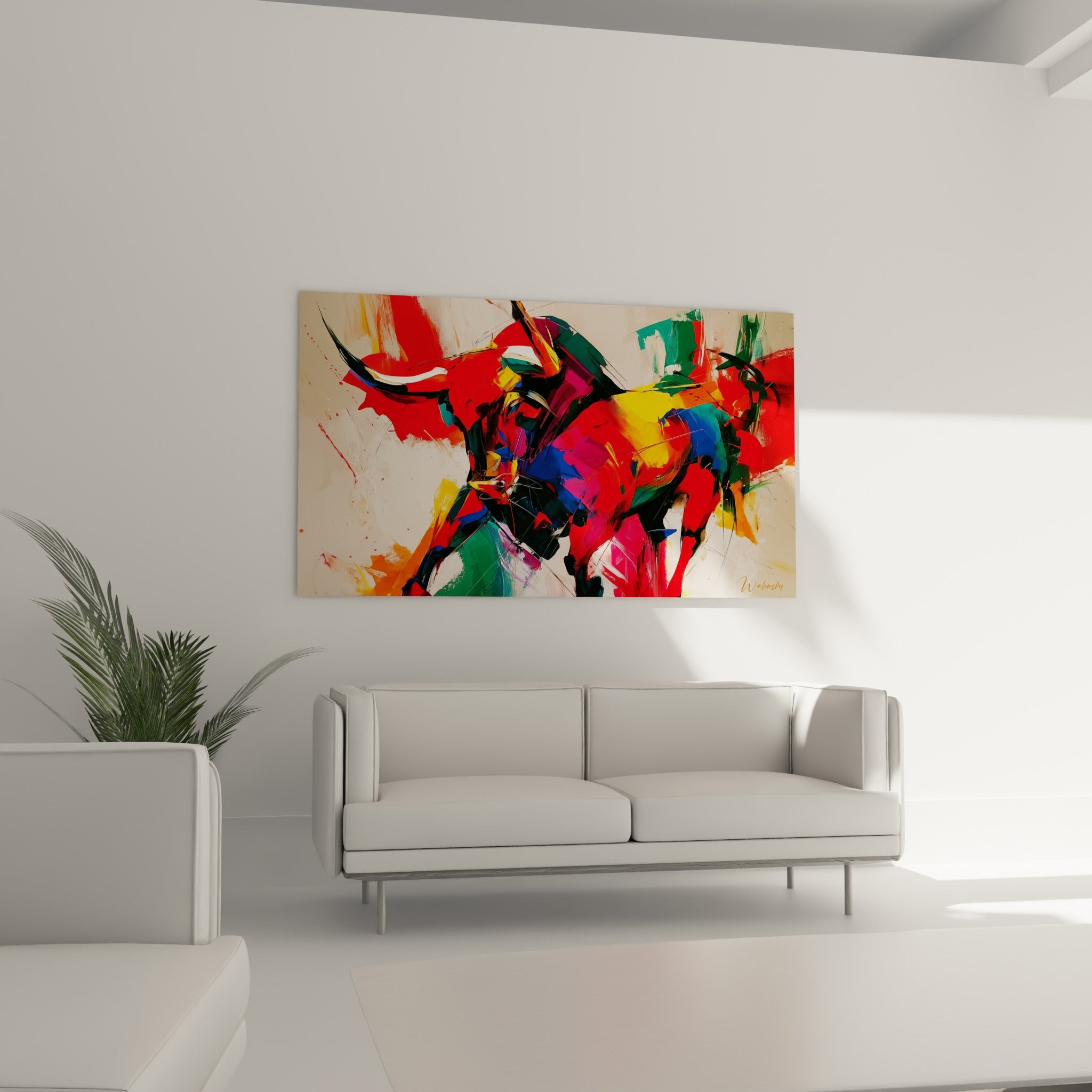 Bête fauve rouge et verte peinte avec vigueur, placée au-dessus d'un canapé dans un salon lumineux