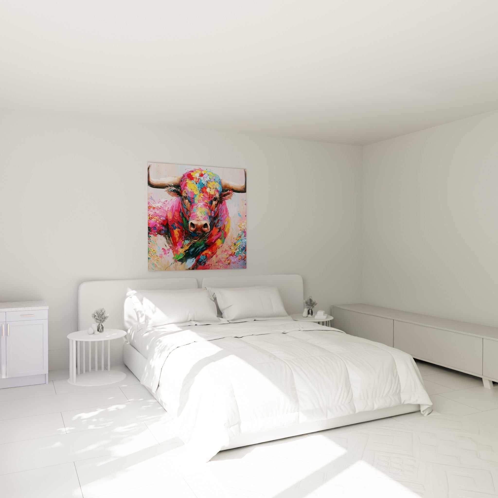 Cornes claires et museau brun émergent d'un taureau multicolore, accroché au-dessus d'un lit dans une chambre claire