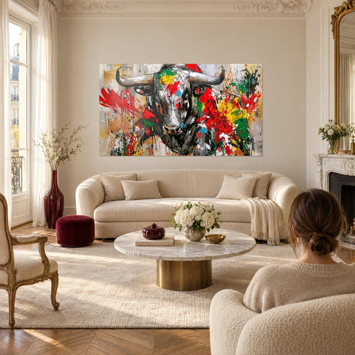 Gemälde Stier in Schwarz und Silber, mit leuchtend rotem und grünem Spritzern, gehörnt, gegenüber einer Frau von hinten, über einem Sofa in einem hellen Wohnzimmer