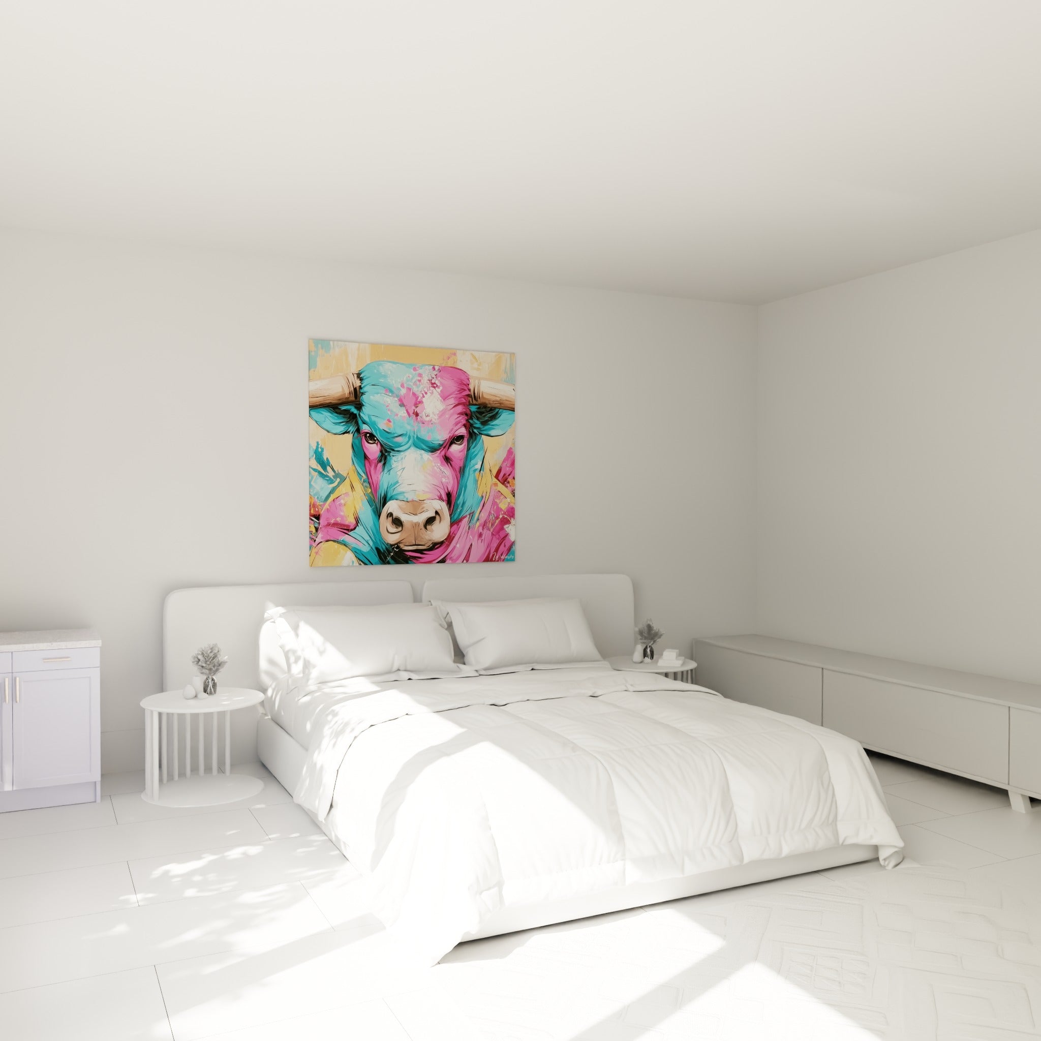 Museau et regard intense du taureau rose et bleu ciel au-dessus d'un lit dans une chambre claire