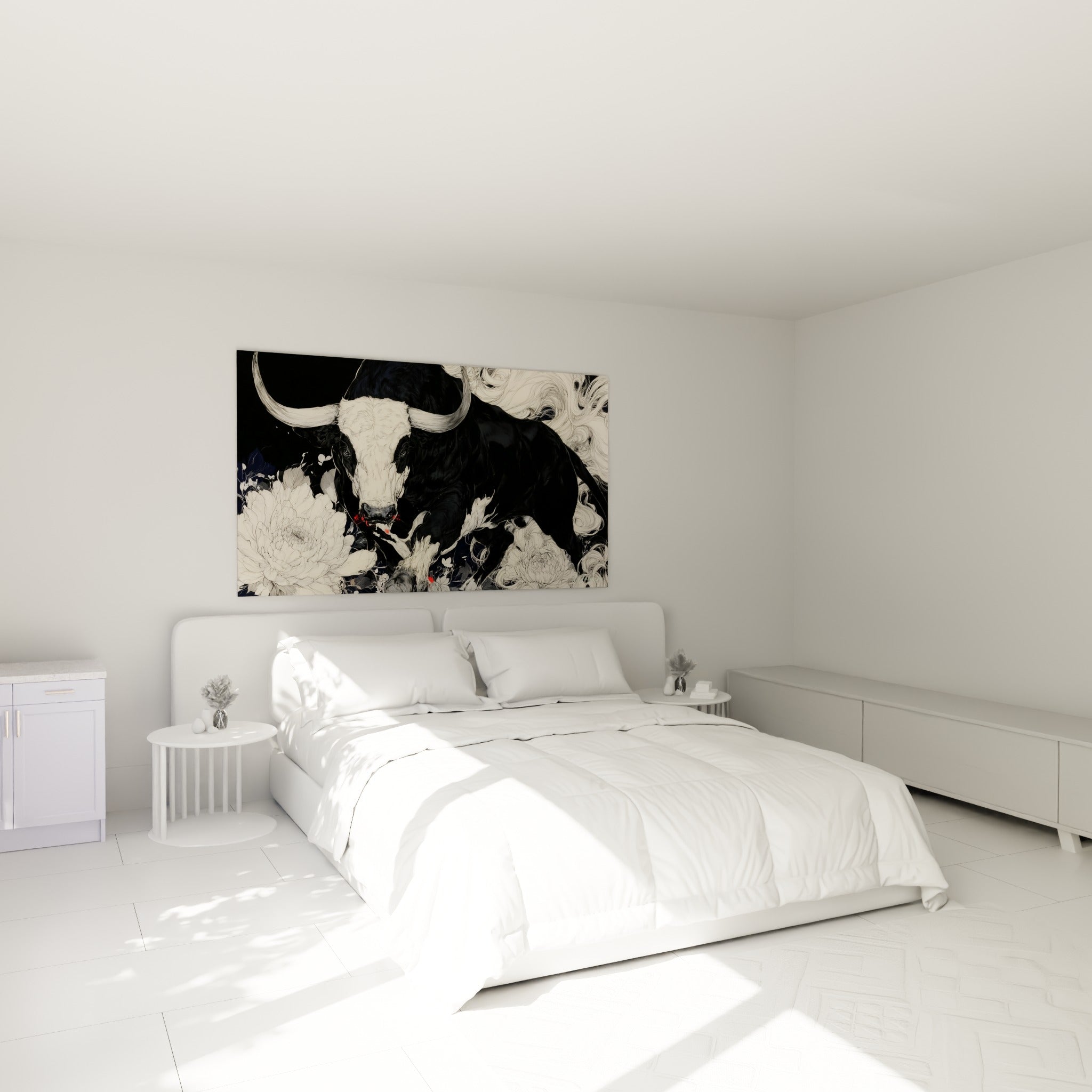 Taureau noir museau blanc et pivoines ivoire au-dessus d'un lit dans une chambre claire
