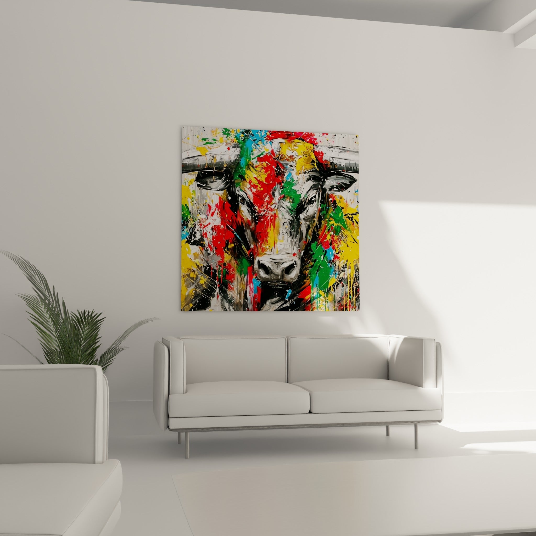 Museau blanc et yeux sombres du taureau éclaboussé de vert et jaune au-dessus d'un canapé dans un salon lumineux