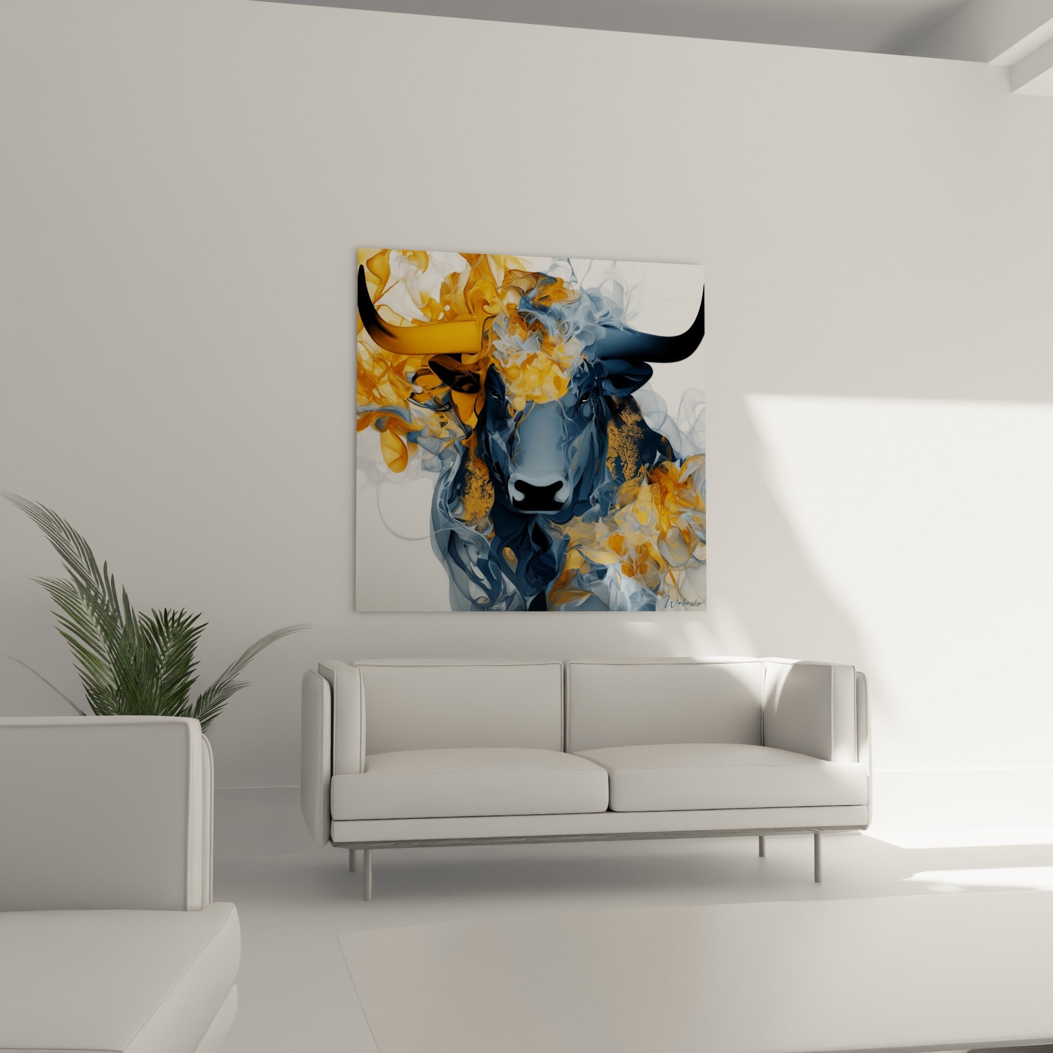 Museau bleu ardoise du taureau cerné d'or, au-dessus d'un canapé dans un salon lumineux