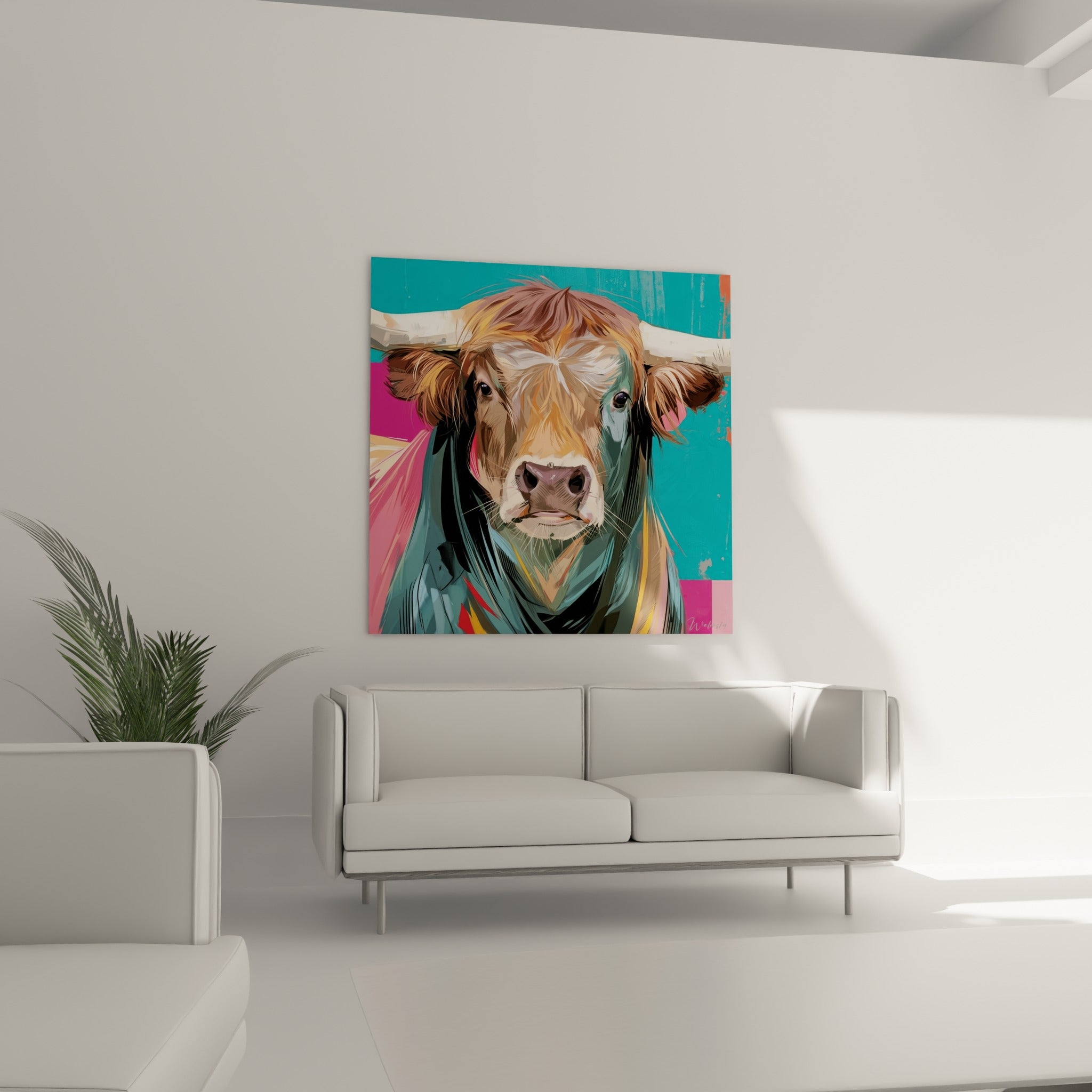 Taureau au museau brun et fond rose fuchsia, disposé au-dessus d'un canapé dans un salon lumineux