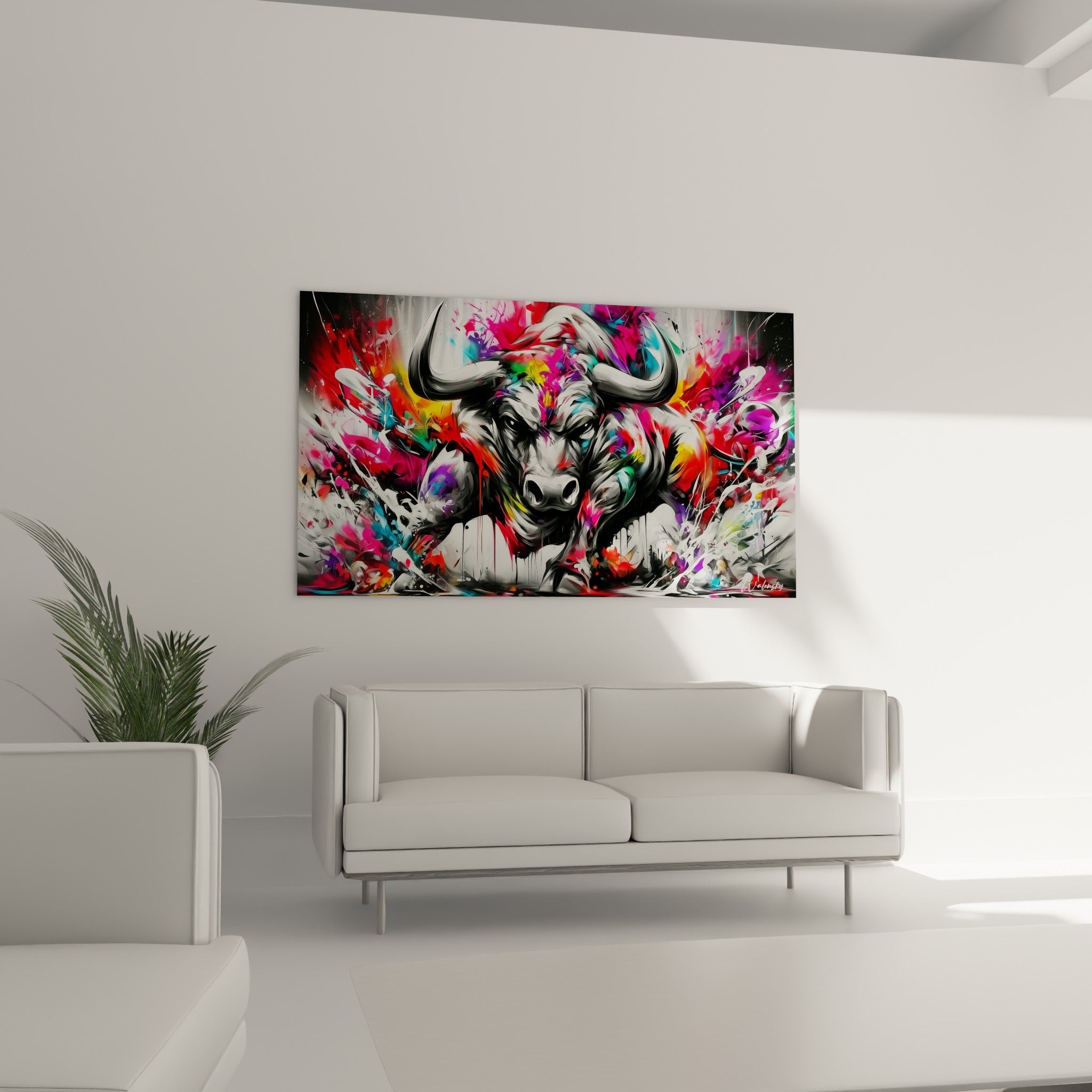 Museau noir et blanc du taureau entouré de rose fuchsia, accroché au-dessus d'un canapé dans un salon lumineux