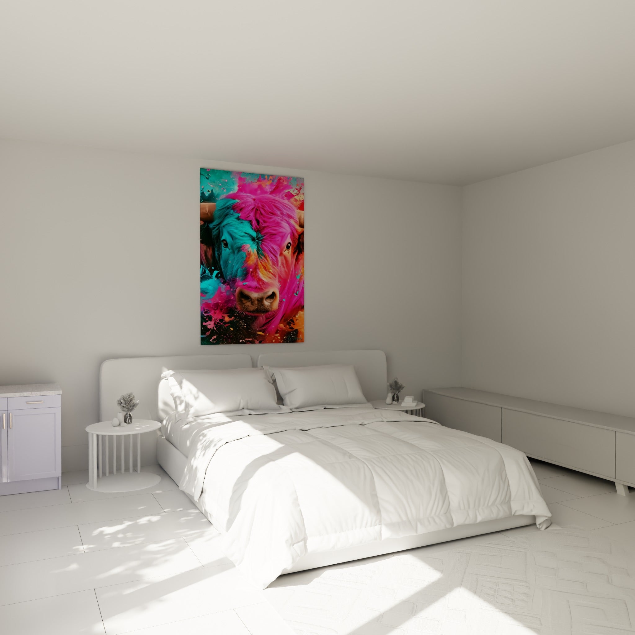 Museau de taureau fuchsia et turquoise accroché au-dessus d'un lit dans une chambre claire