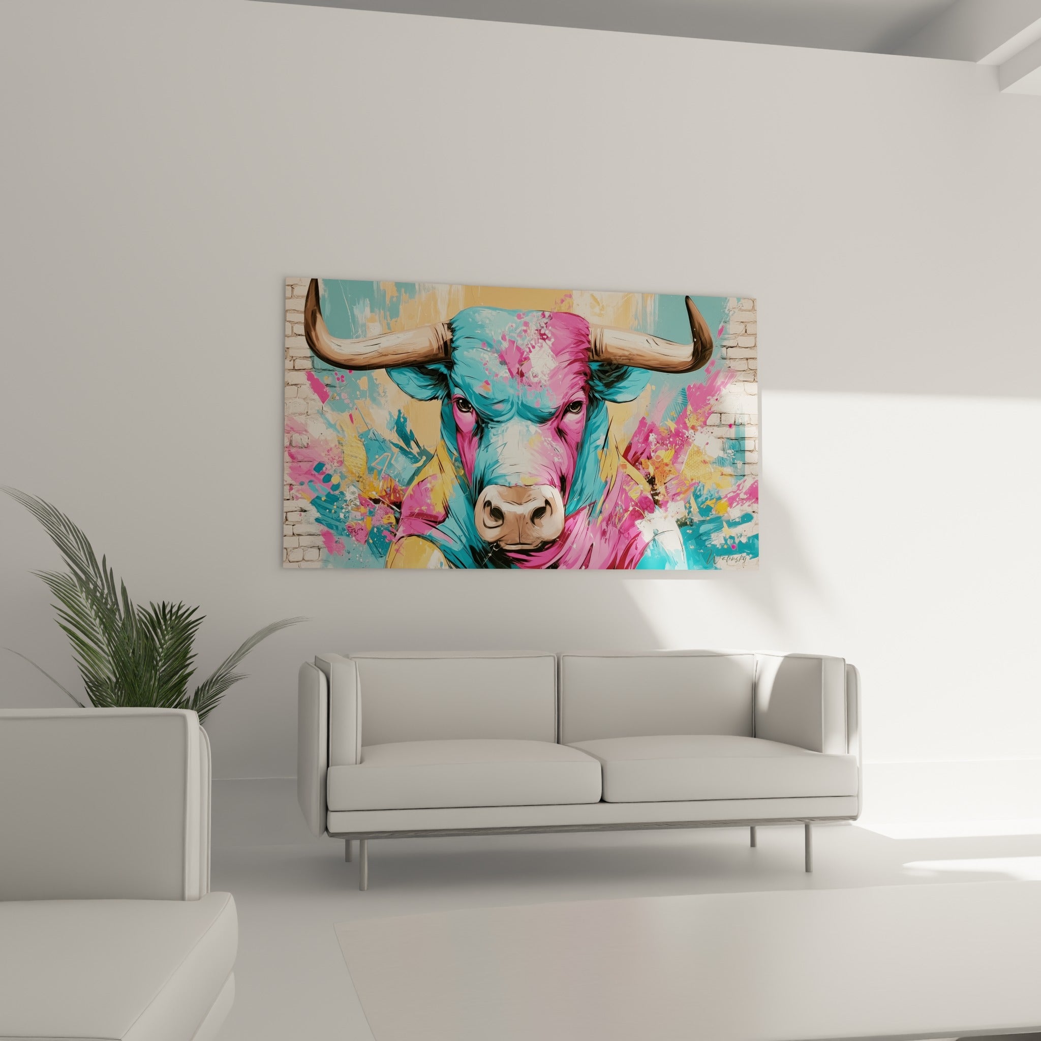 Museau beige réaliste du taureau contrastant avec des touches jaune doré, œuvre au-dessus d'un canapé dans un salon lumineux