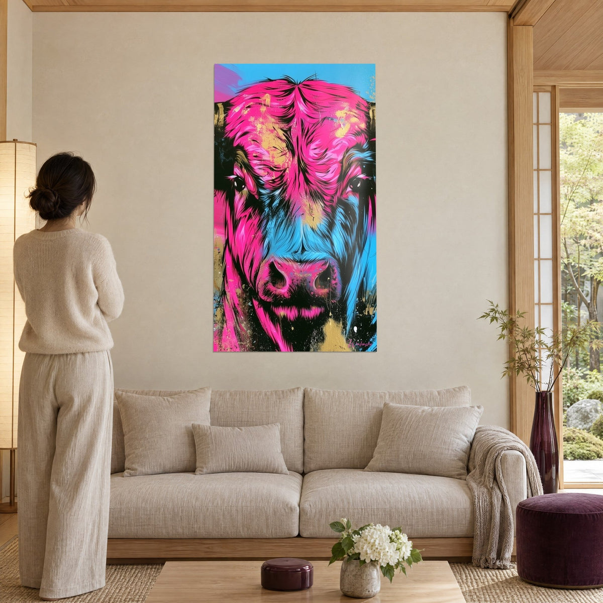 Wall art bull with fluorescent pink muzzle and sky-blue coat, person seen from behind, above a sofa in a bright living room