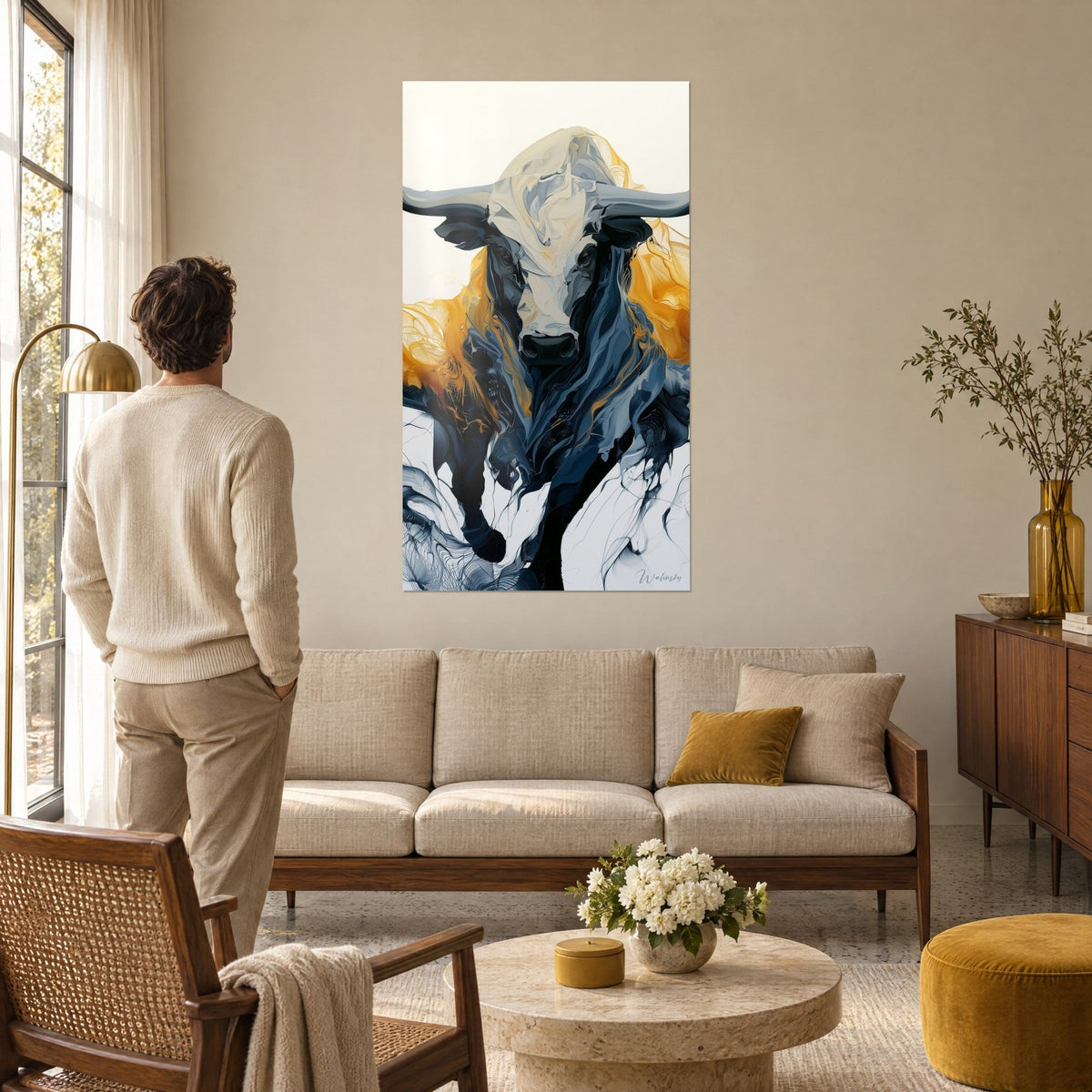 Wall art Longhorn in ivory with grey horns, midnight blue waves and ochre swirls, a man seen from behind, above a sofa in a bright living room